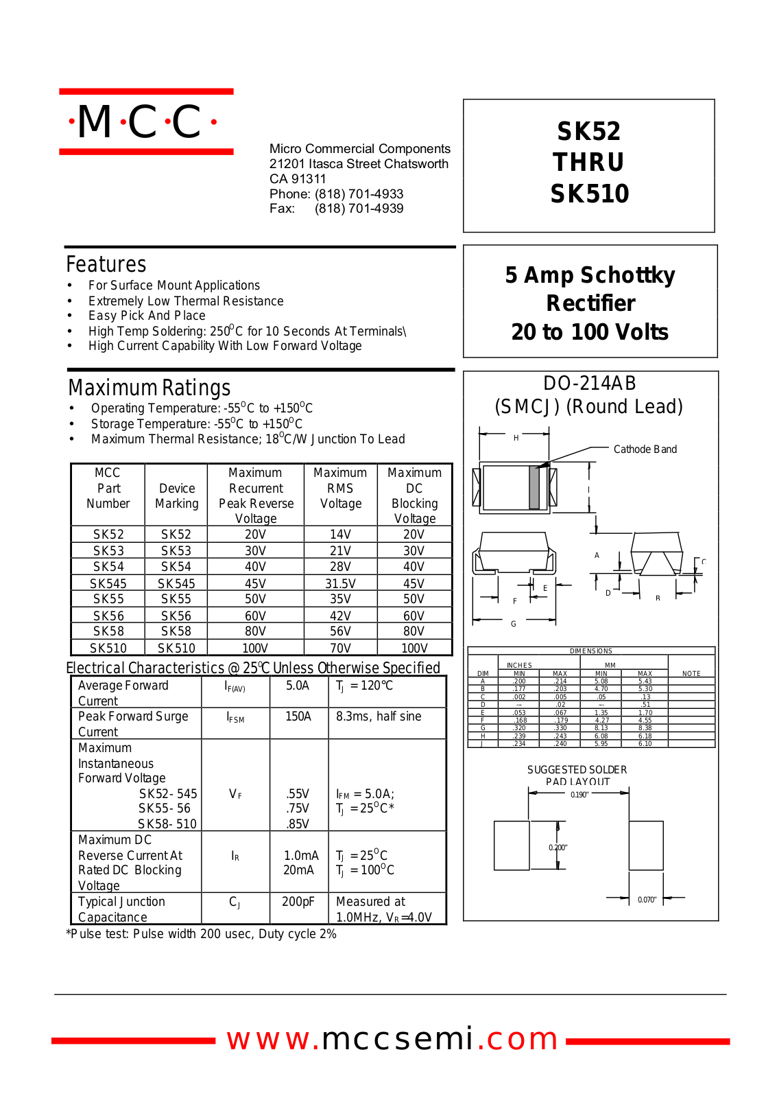 MCC SK56, SK510, SK52, SK53, SK58 Datasheet