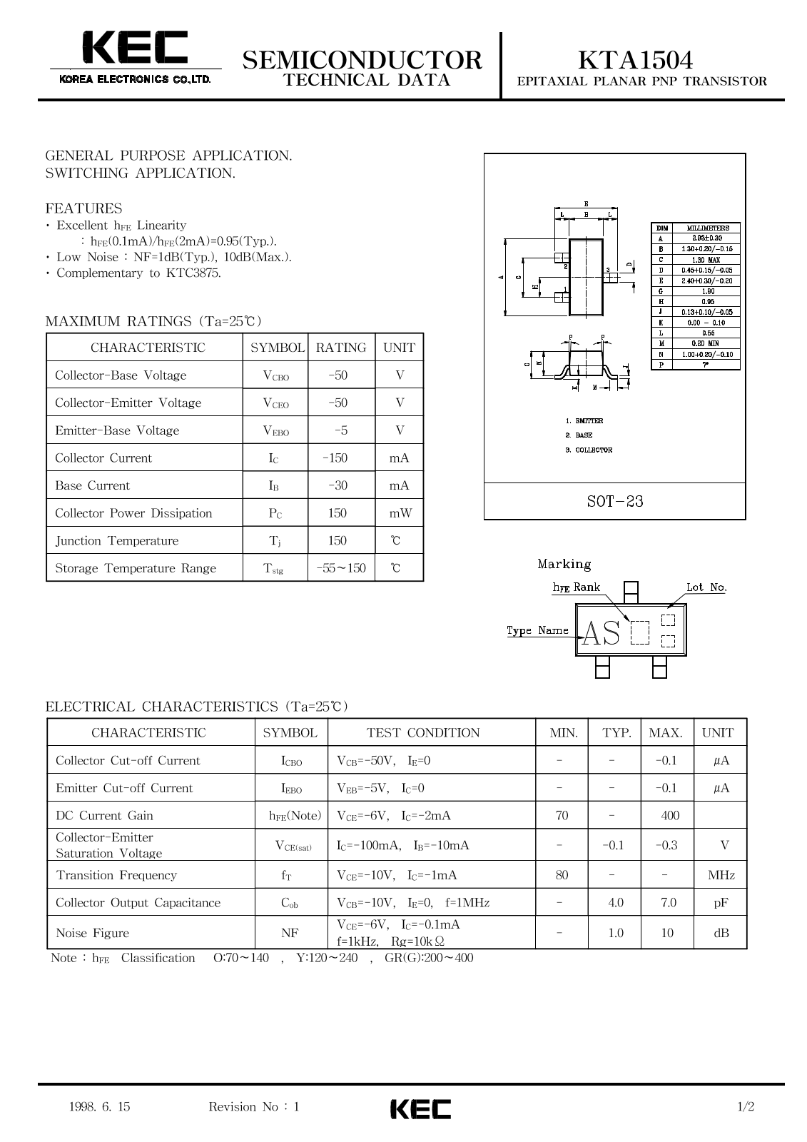 KEC KTA1504 Datasheet