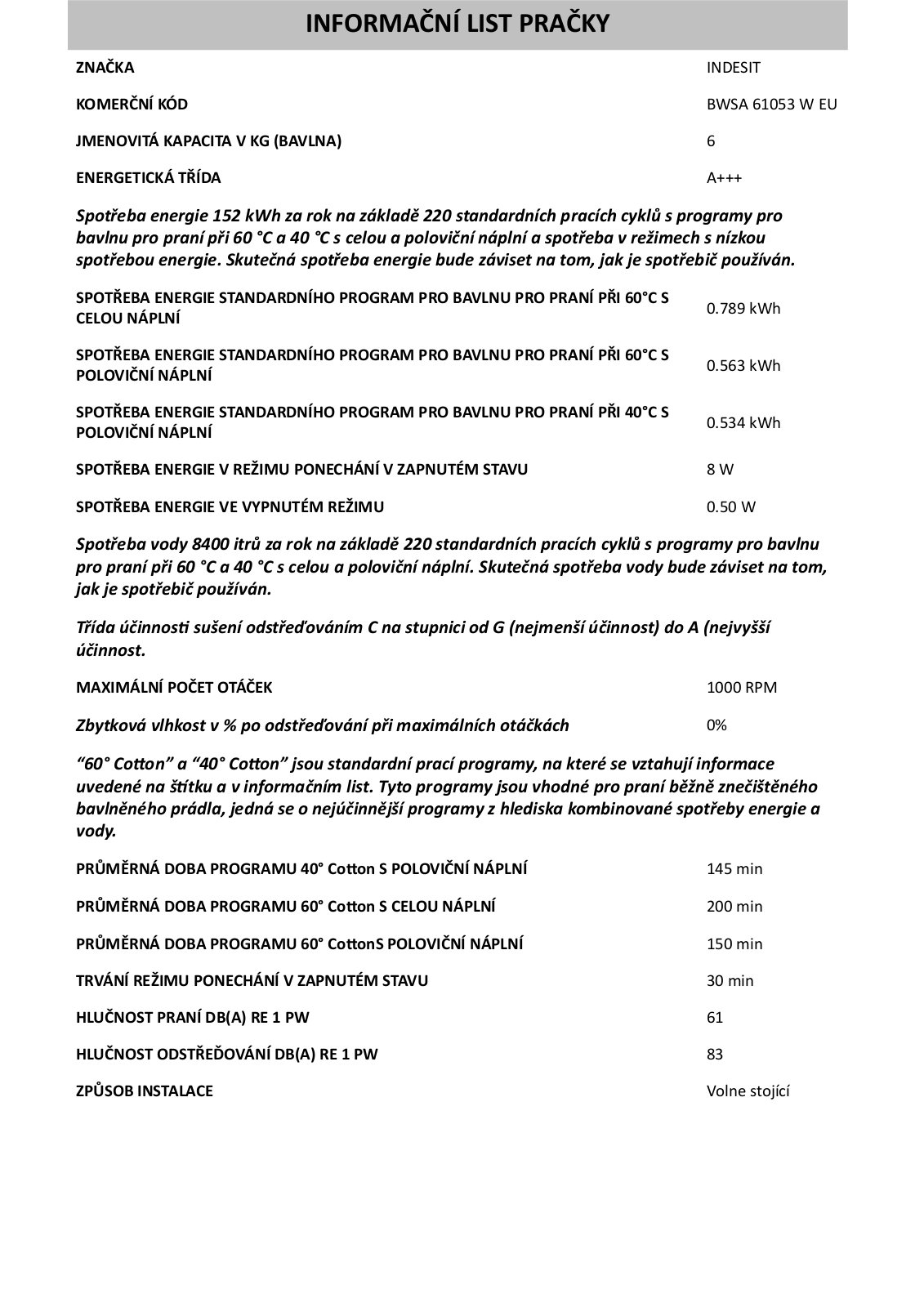 Indesit BWSA 61053 W EU User Manual