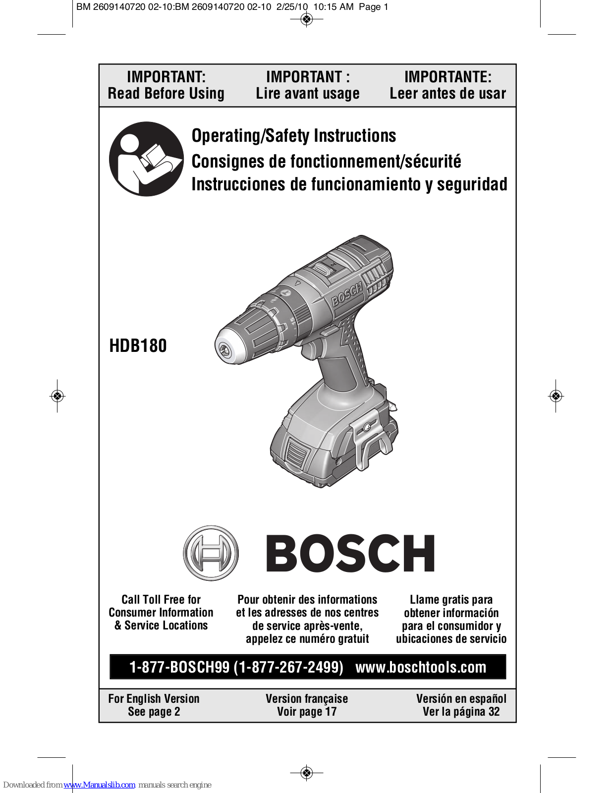 Bosch HDB180 Operating/safety Instructions Manual