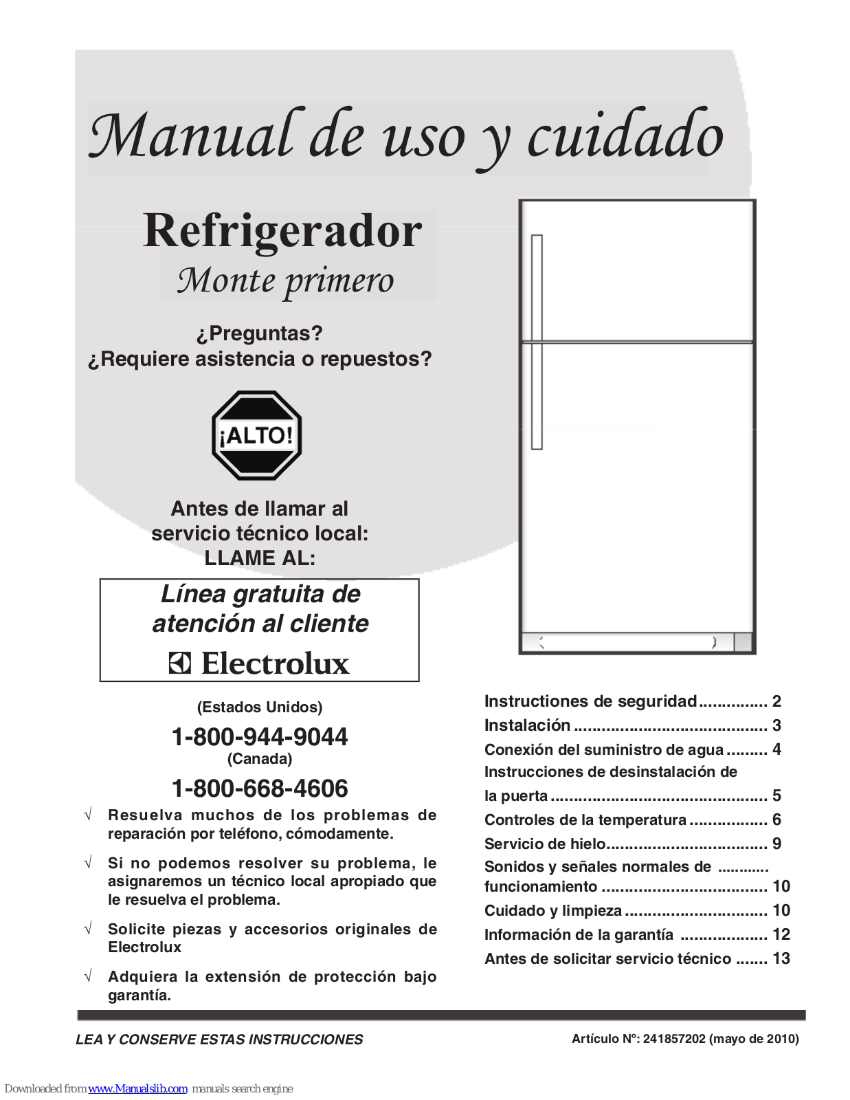 Frigidaire FRT21HS8KS - 21CF T/M SS PROHNDL GLS RH Onl, FRT21HS8KS Manual De Uso Y Cuidado