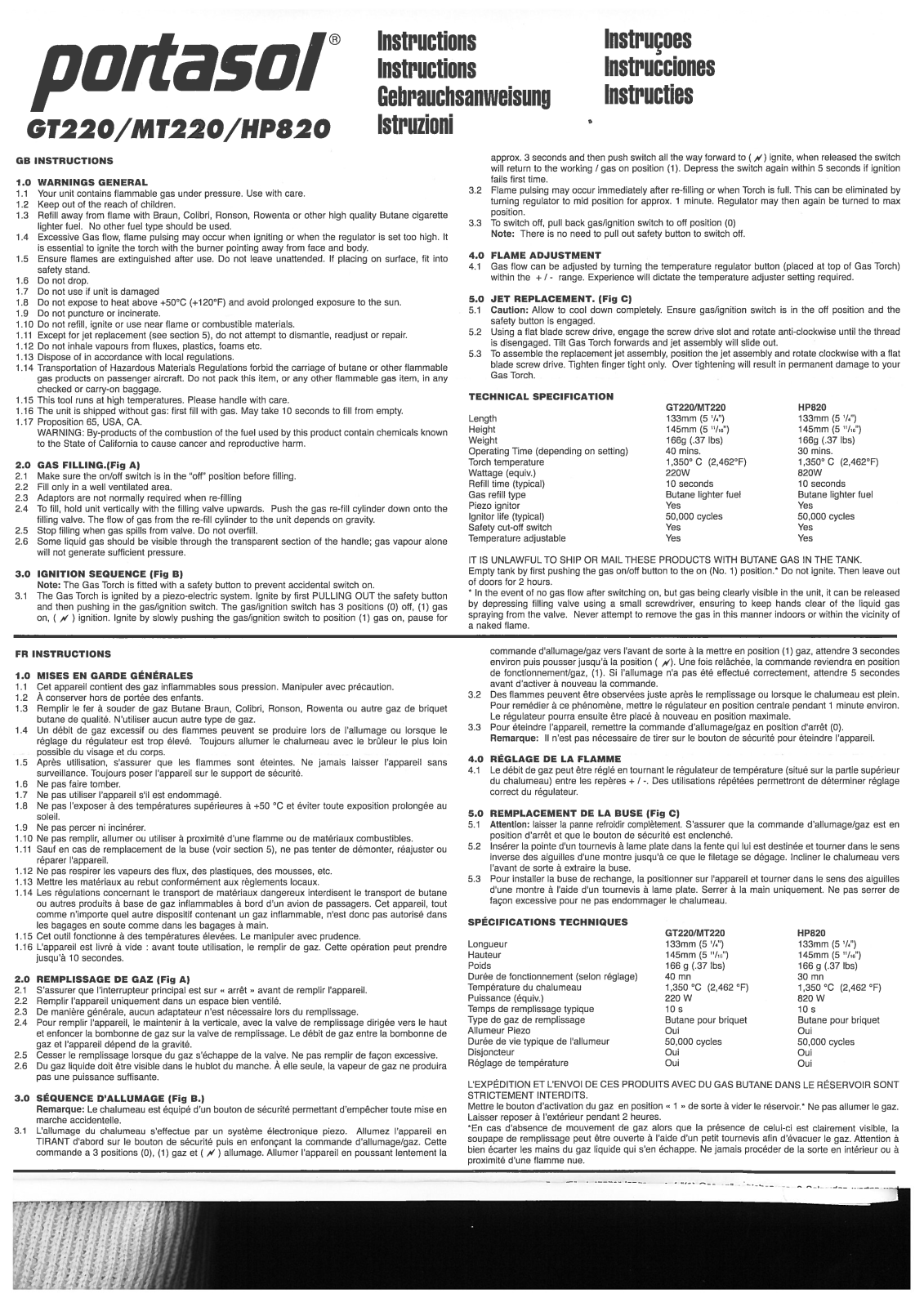 Portasol GT220, MT220, HP820 User guide