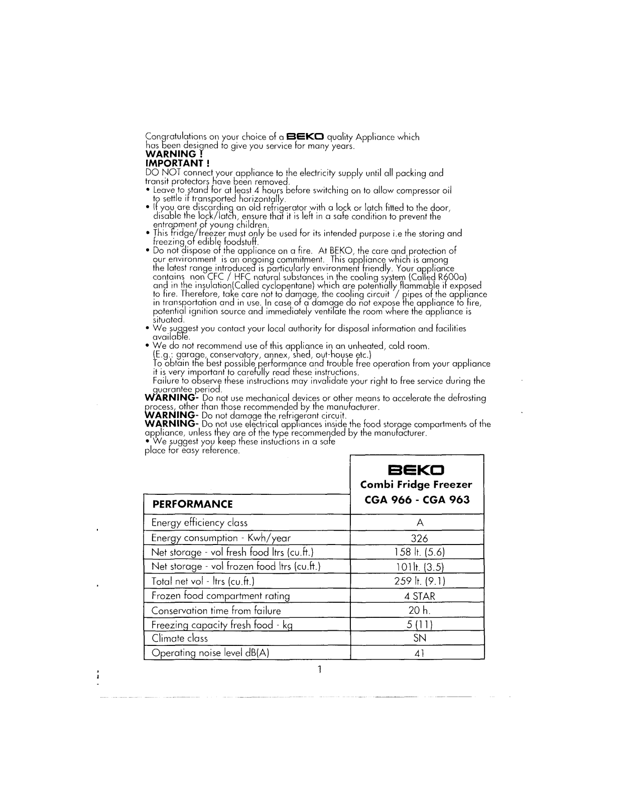 Beko CGA963 User Manual