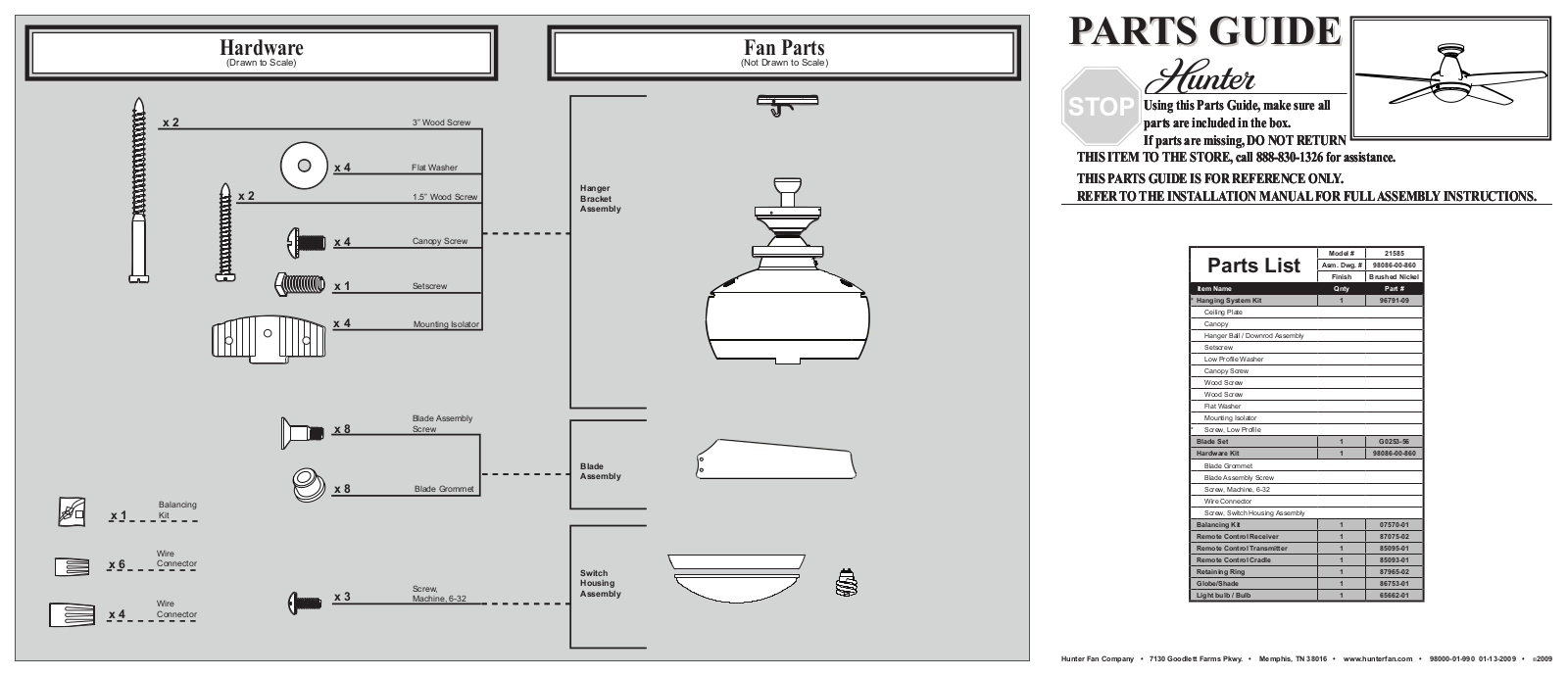 Hunter 21585 Parts Guide