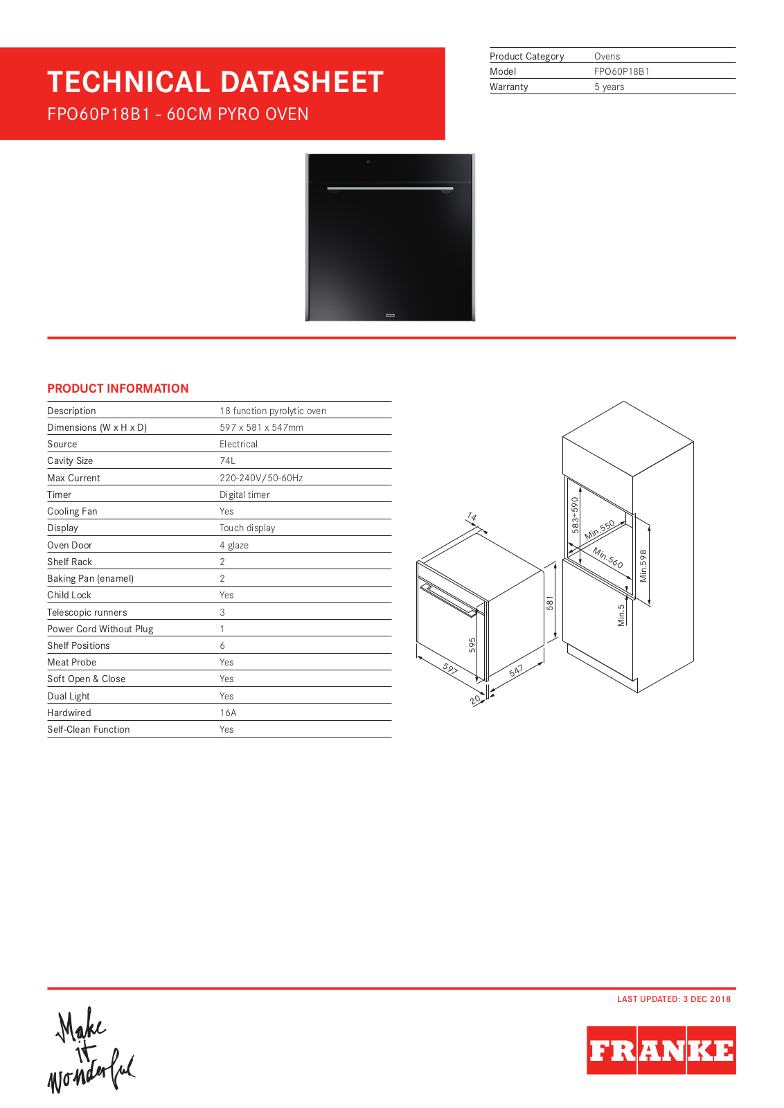 Franke FPO60P18B1 Specifications Sheet