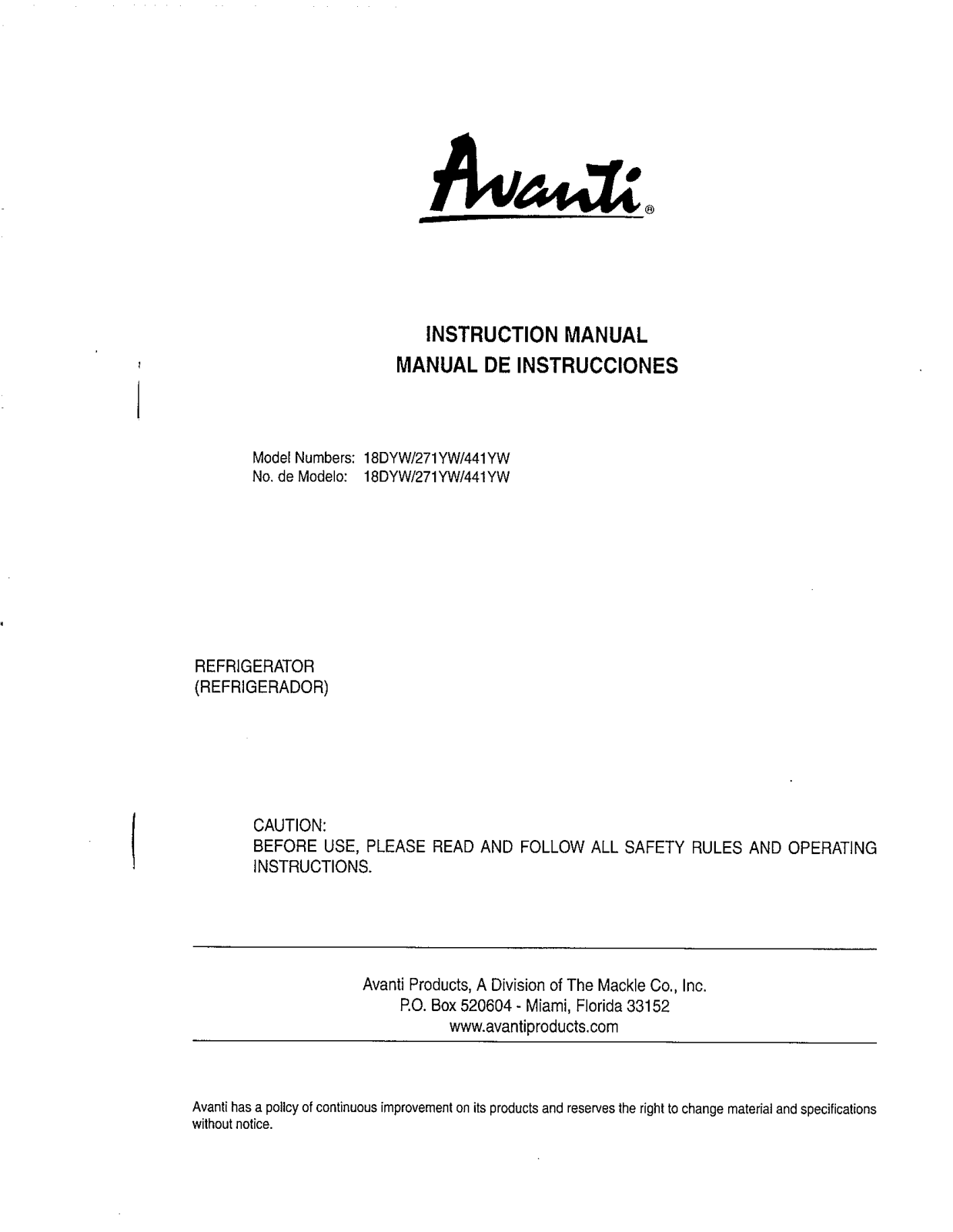 Avanti 18DYW, 441YW User Manual