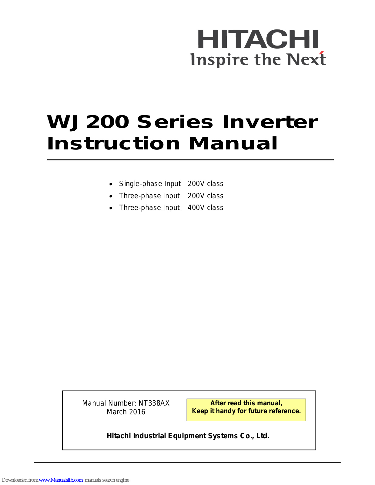 Hitachi WJ200-002L, WJ200-002S, WJ200-004L, WJ200-007L, WJ200-015L Instruction Manual