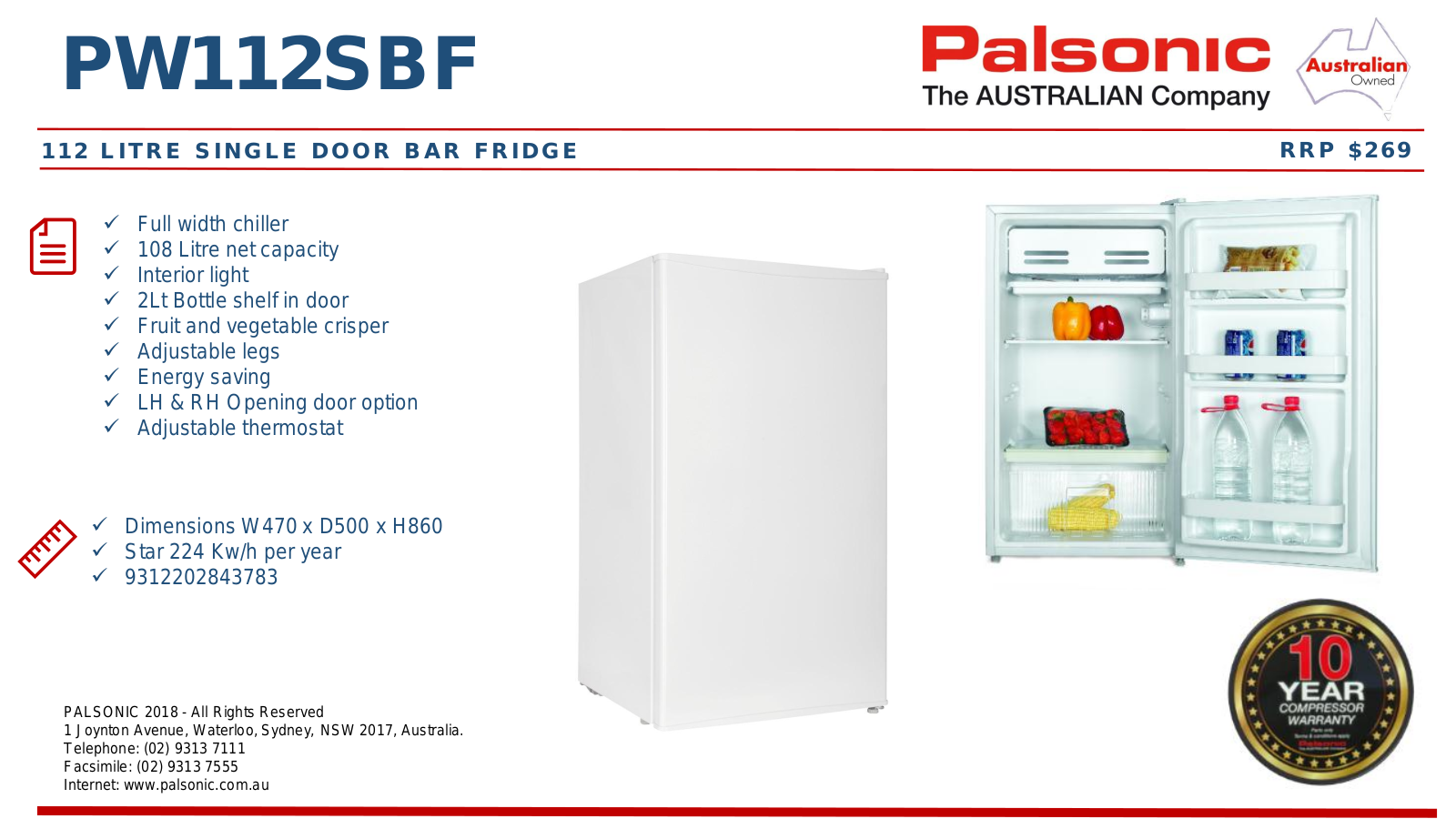 Palsonic PW112SBF Specifications Sheet