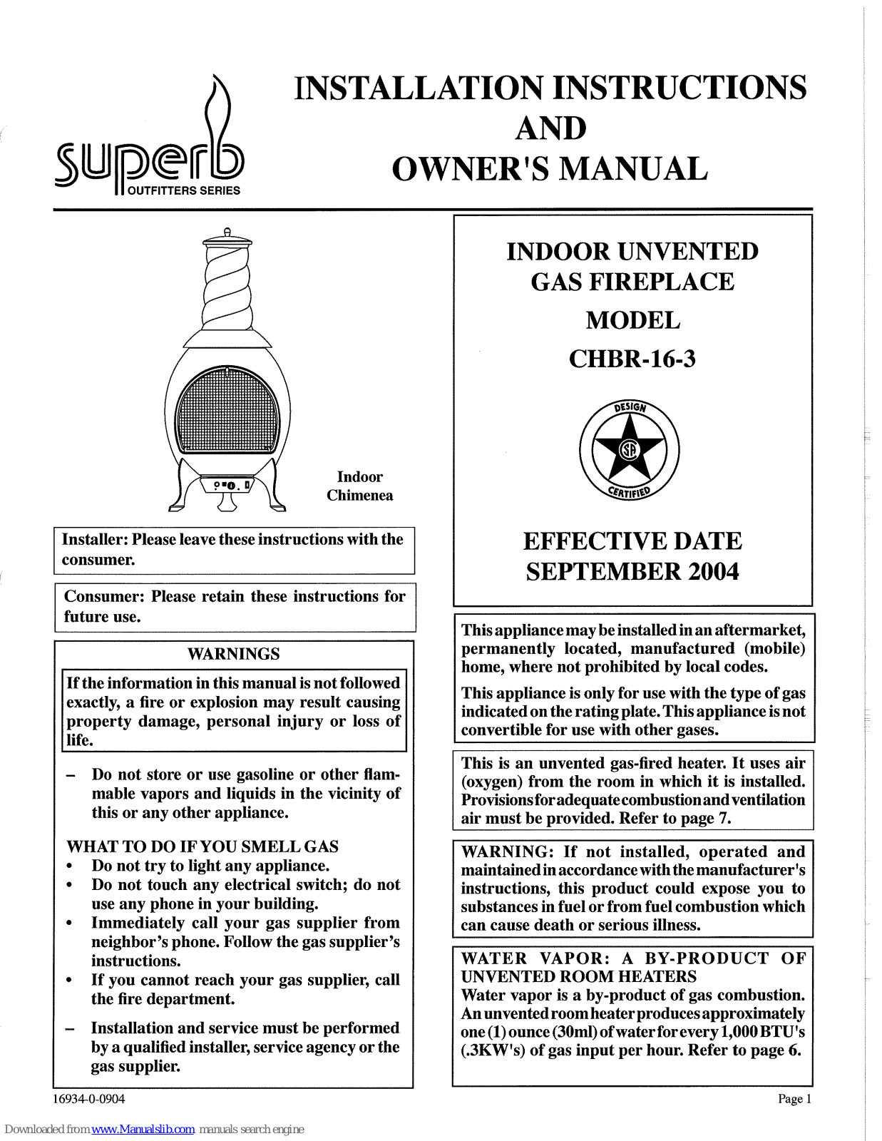 Superb CHBR-16-3 Installation Instructions And Owner's Manual