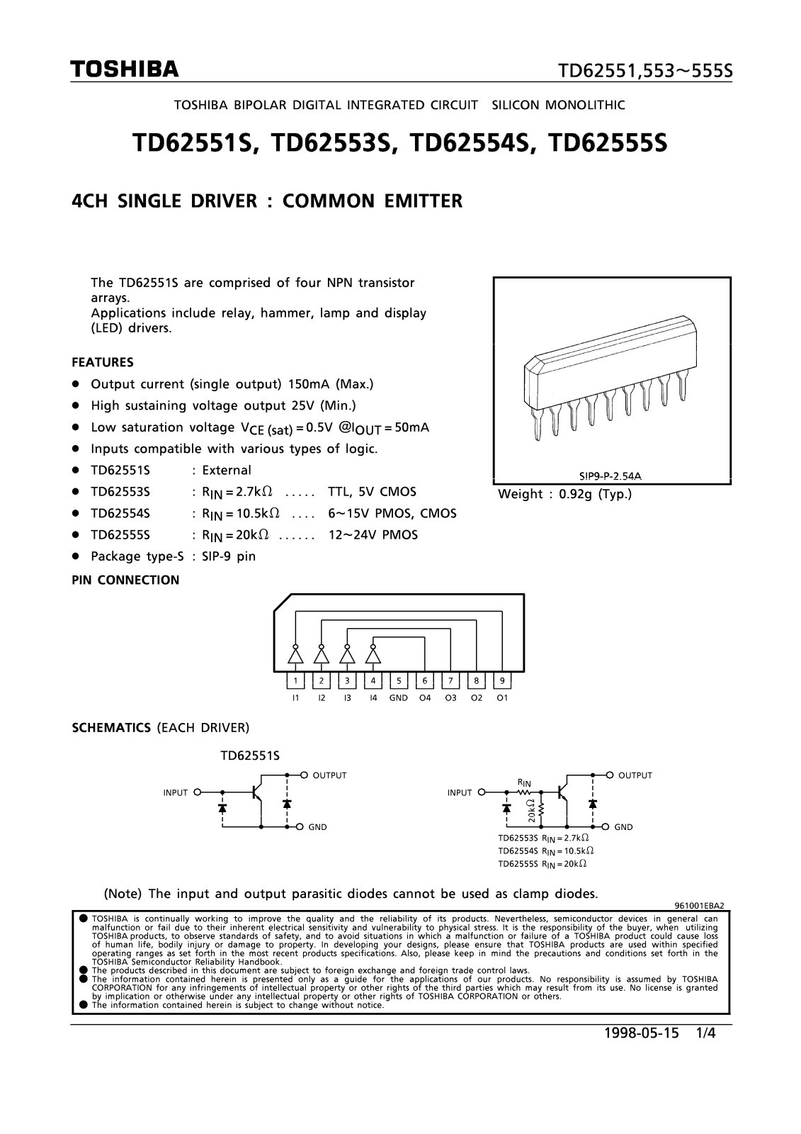 TOSHIBA TD62551, TD62553S, TD62554S, TD62555S Technical data