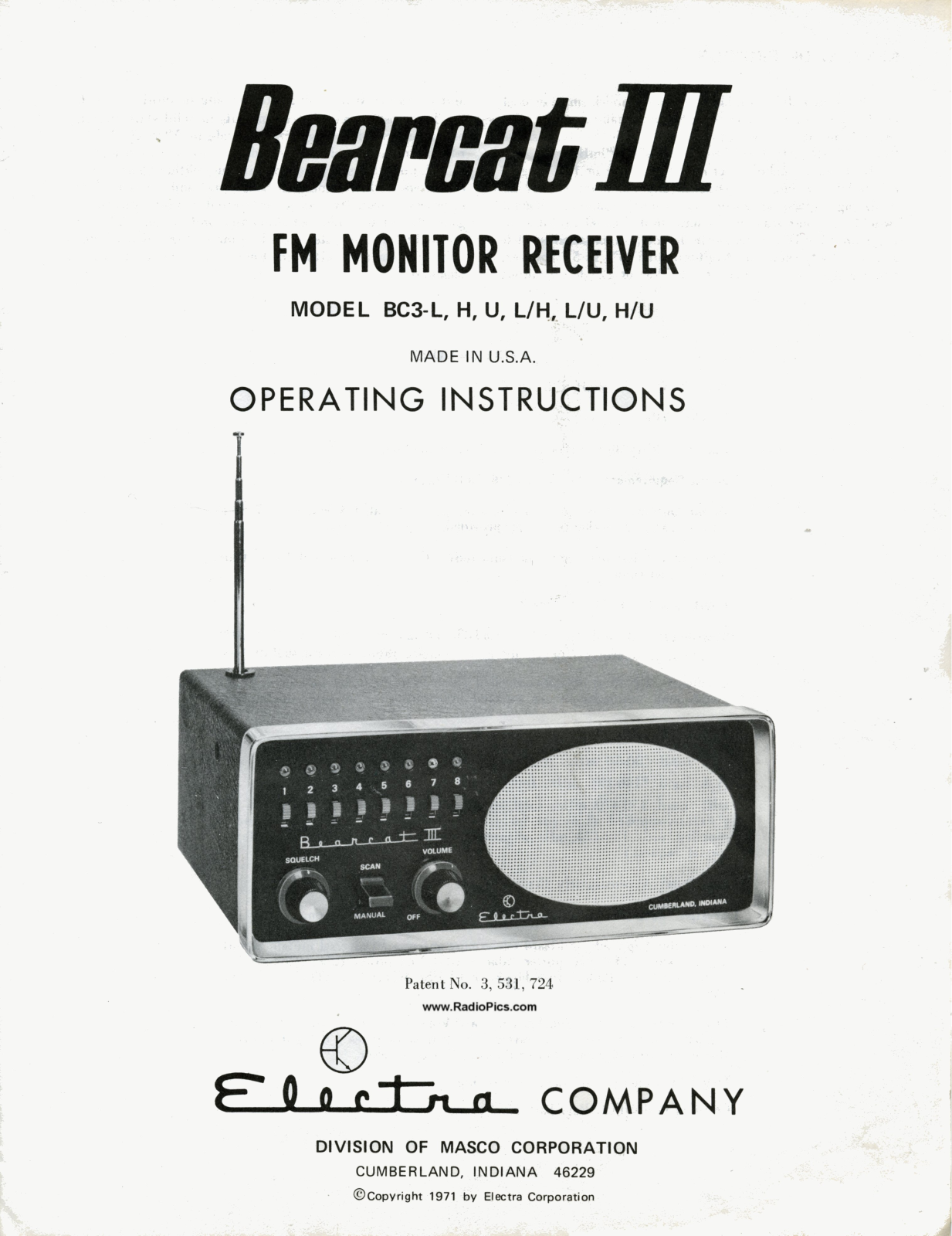 Electra BC3-L, BC3-L/U, BC3-L/H, BC3-U, BC3-H Operating Instructions Manual