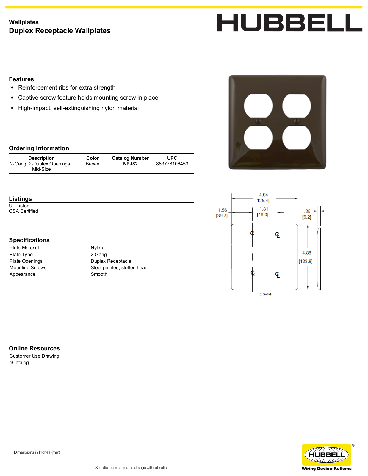 Hubbell NPJ82 Specifications