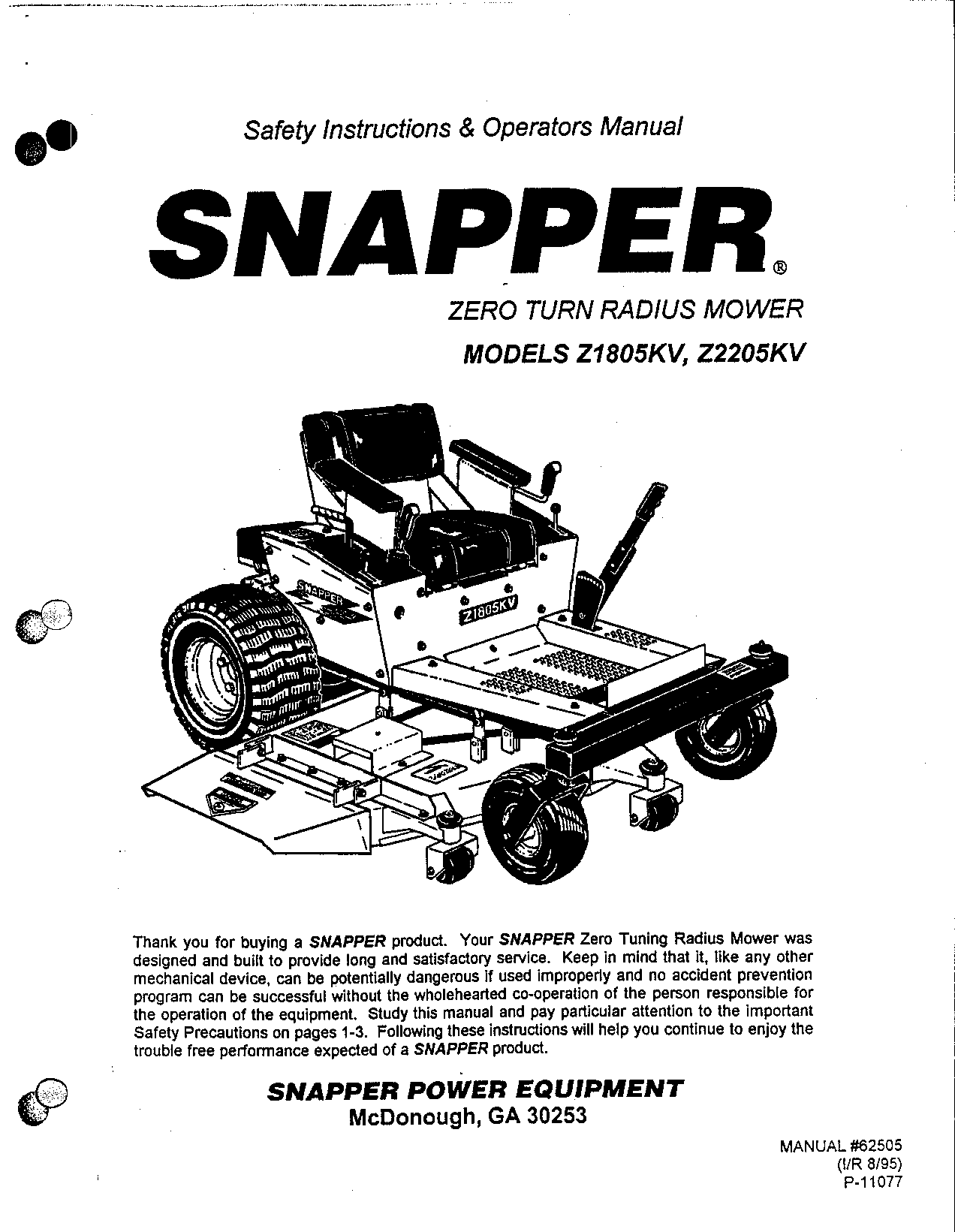Snapper Z2205KV, Z1805KV User Manual