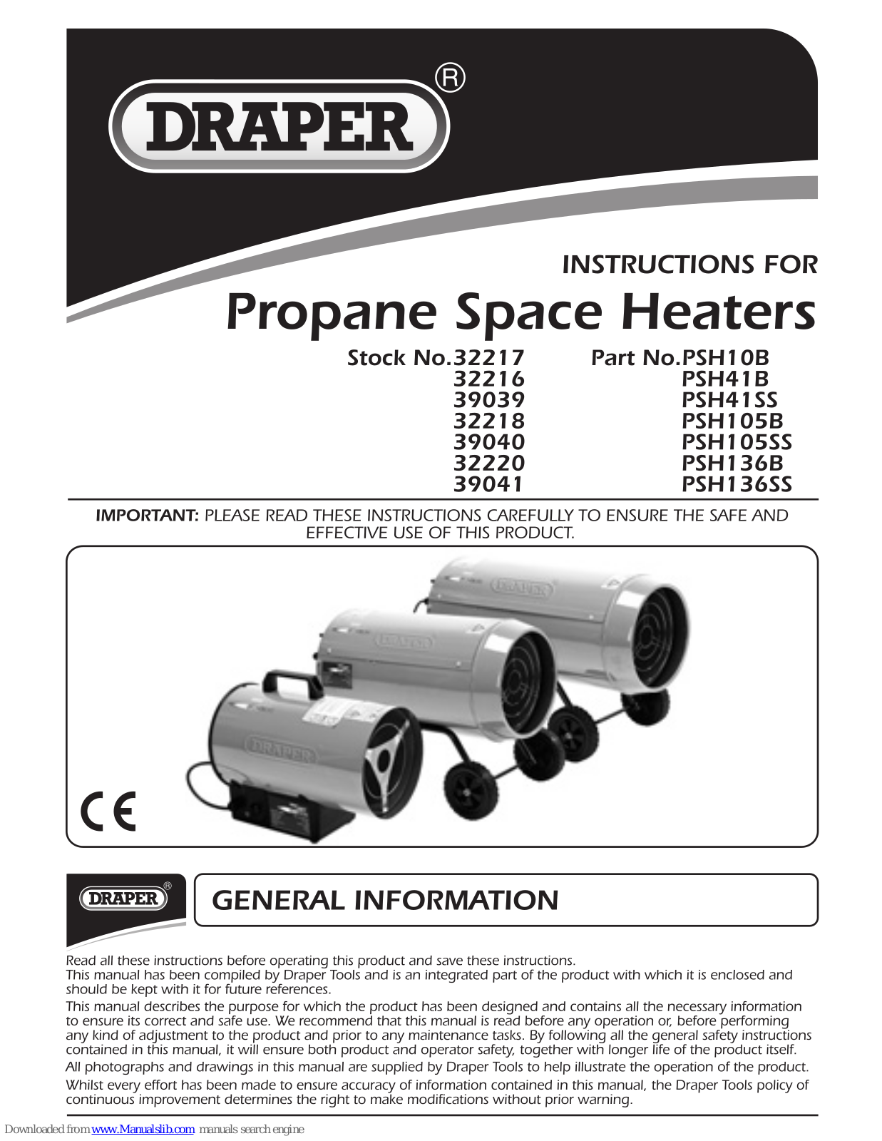 Draper PSH10B, PSH41B, PSH41SS, PSH105B, PSH105SS Instructions For - ManualMachine.com