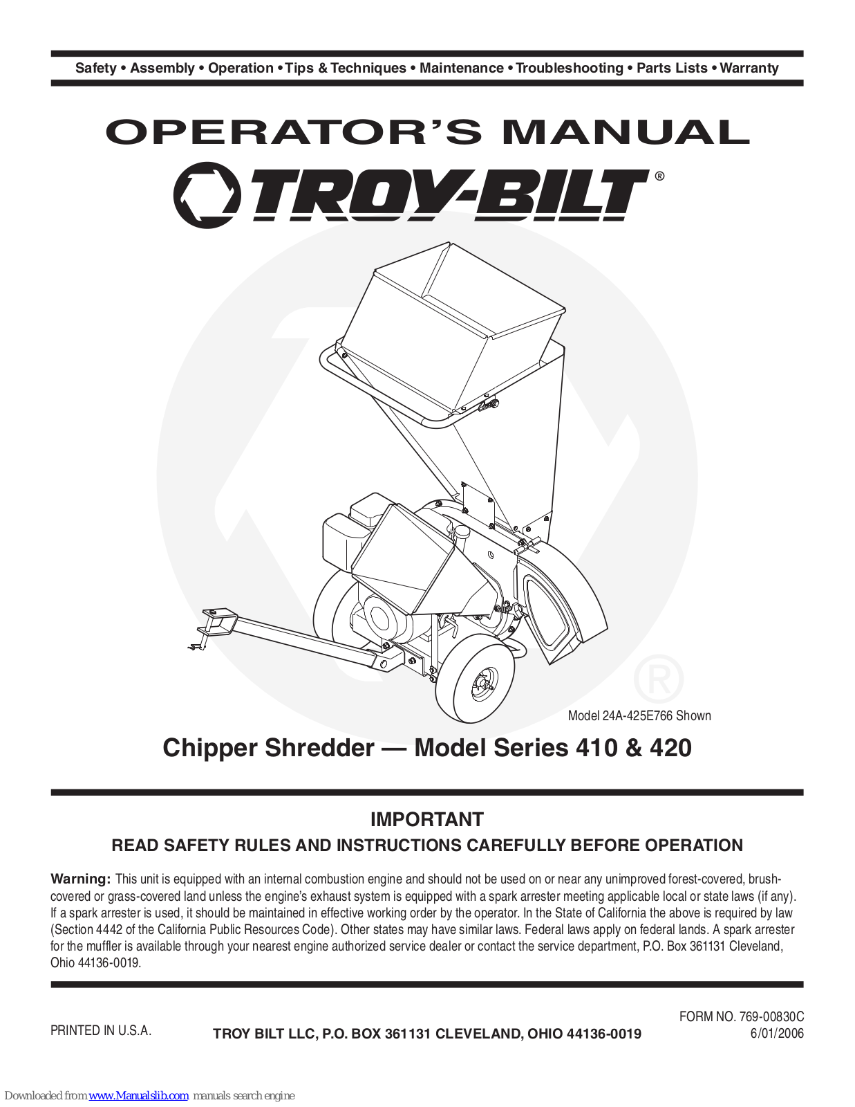 Troy-Bilt 410 Series, 24A-425E766 Operator's Manual