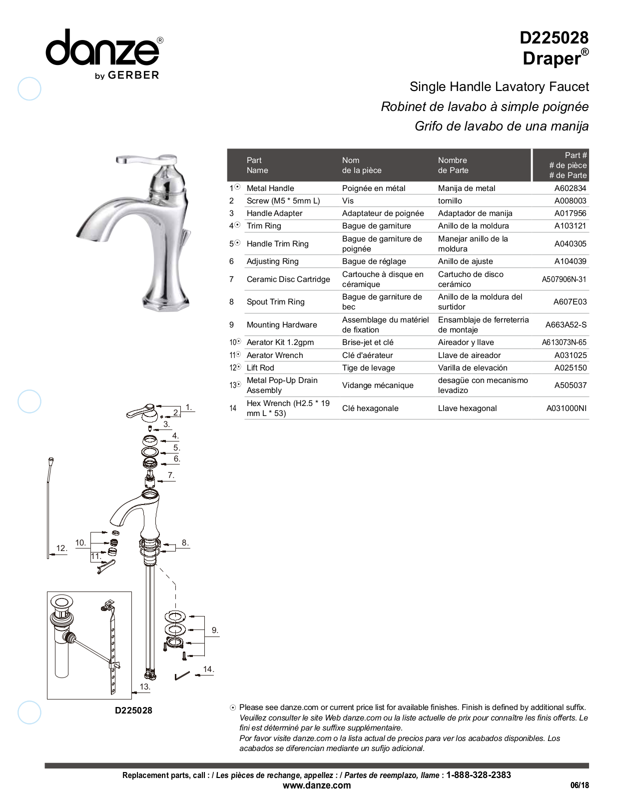 Gerber D225028, D225028BN Part List