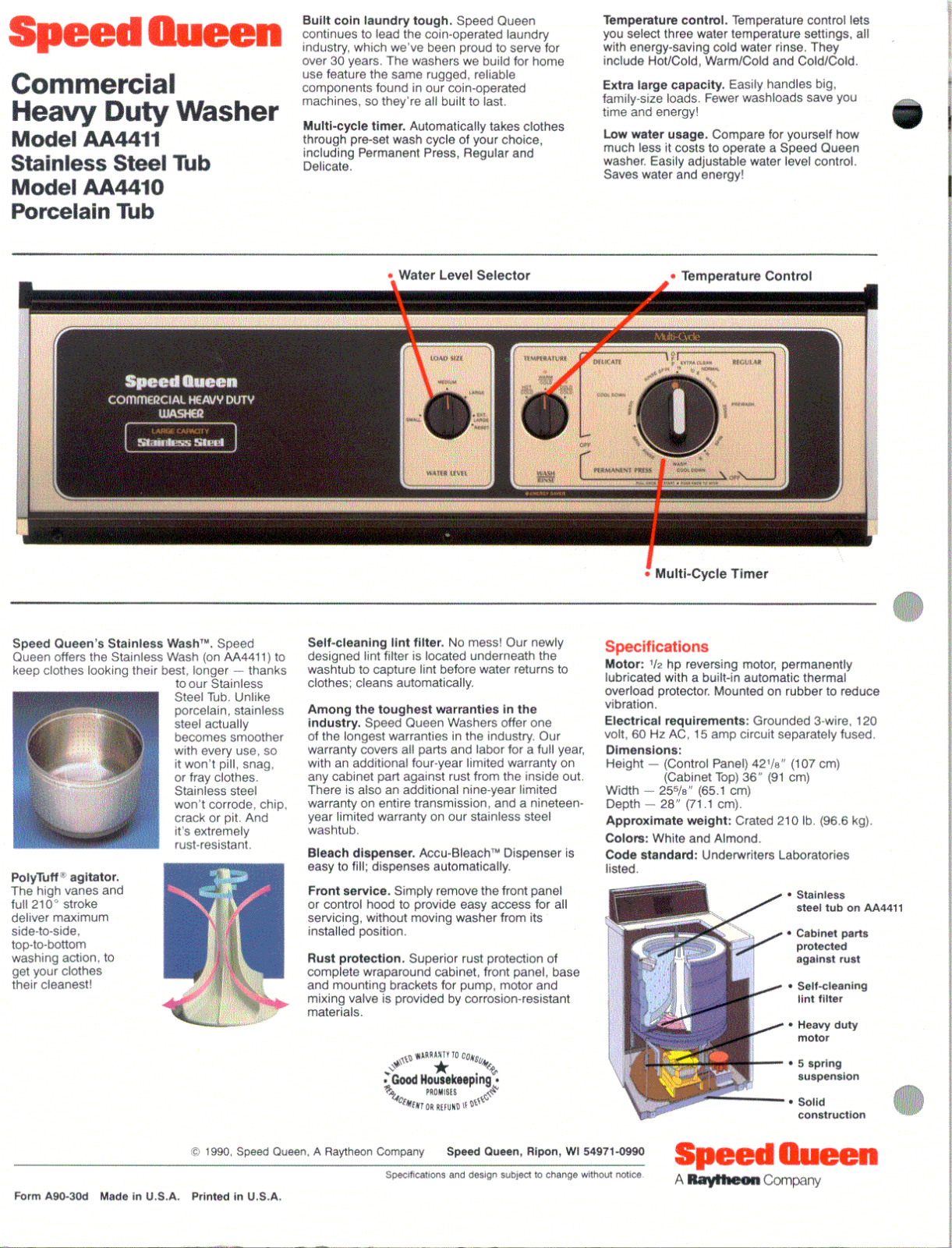 Speed Queen AA4410W, AA4411W Specification Sheet