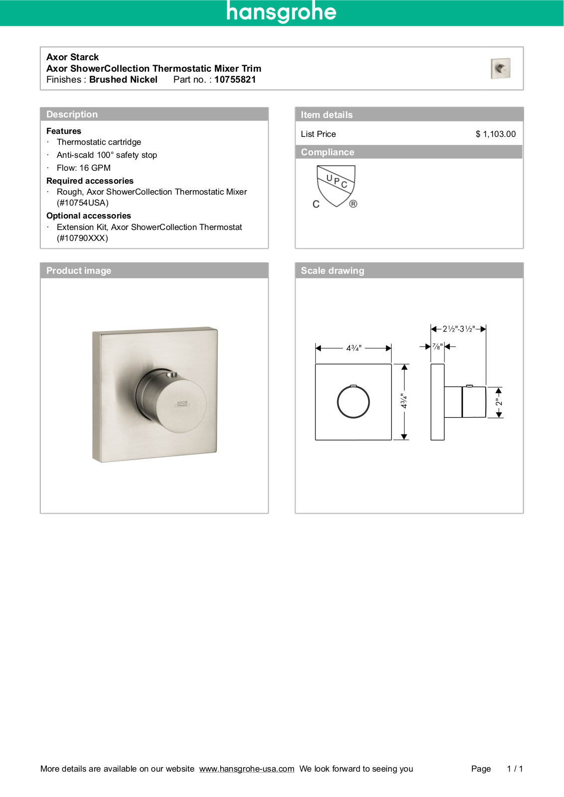 Axor HAN3487 Specifications - ManualMachine.com