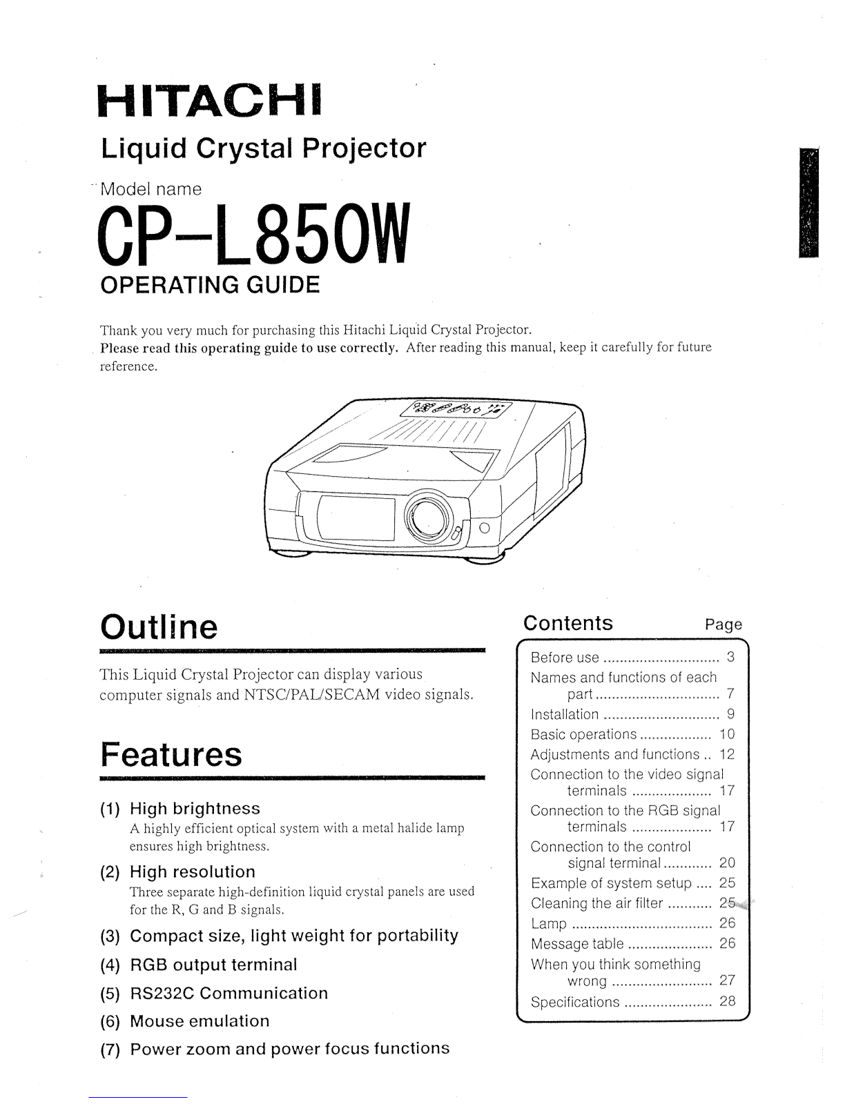 Hitachi CP-L850W User Manual