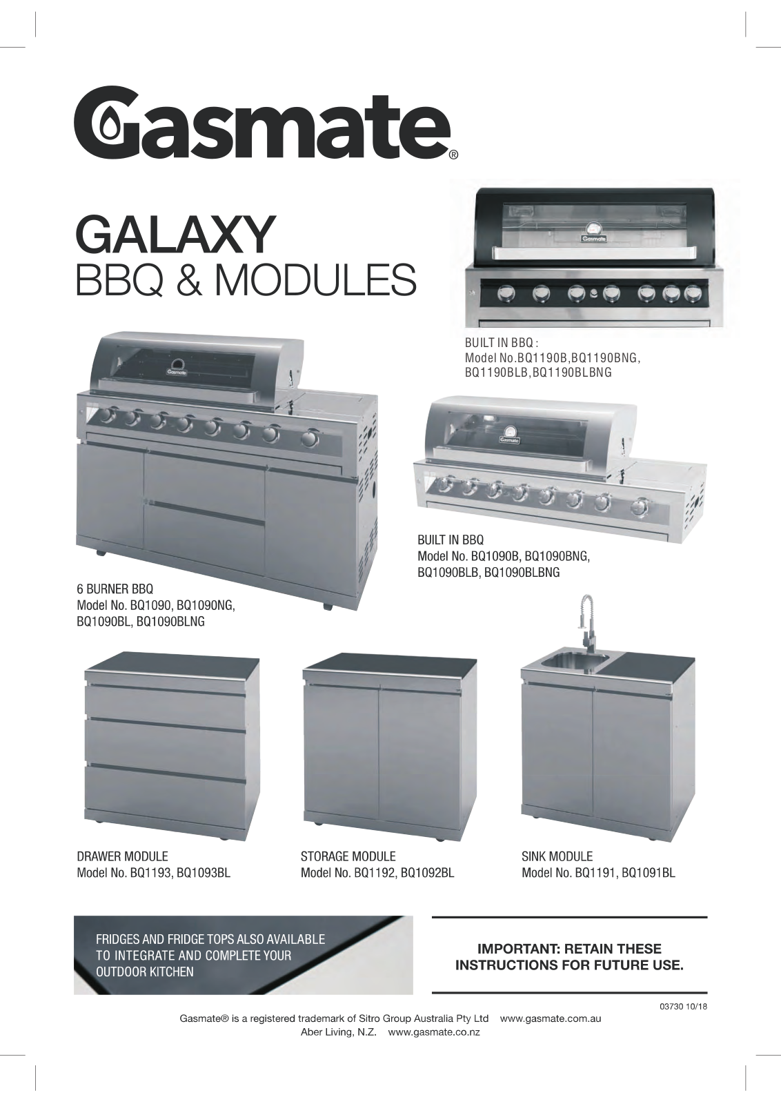 Gasmate BQ1190B, BQ1190BLB, BQ1190BNG, BQ1190BLBNG User Manual