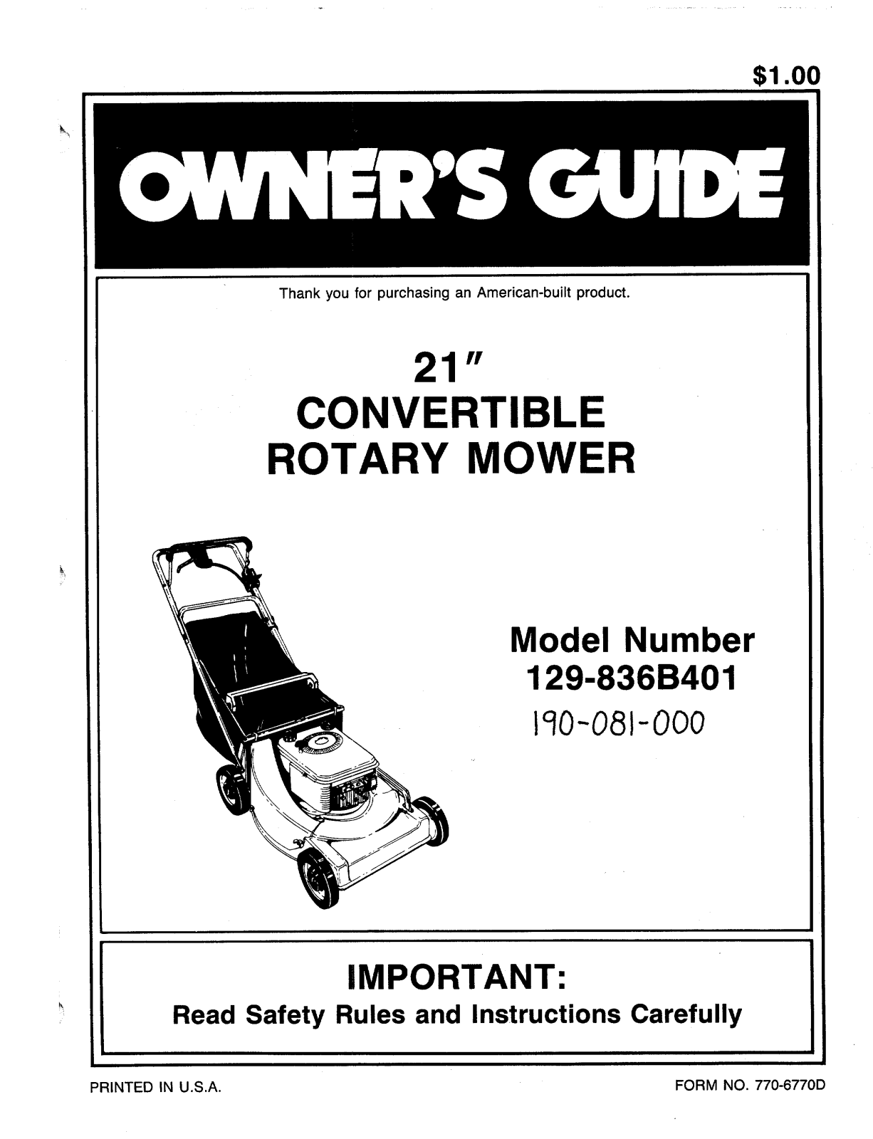 MTD 129-836B401, 190-081-000 User Manual