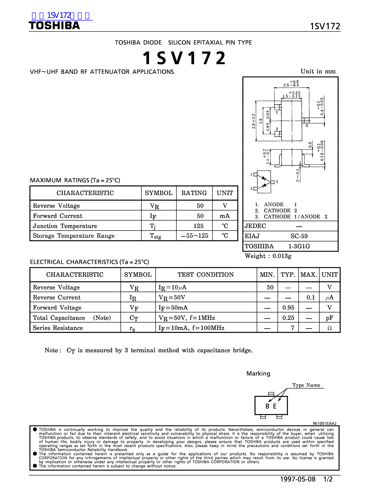 TOSHIBA 1SV172 Technical data