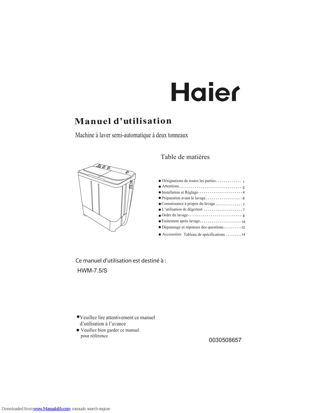 Haier HWM-7.5, HWM-7.5S Manuel D'utilisation