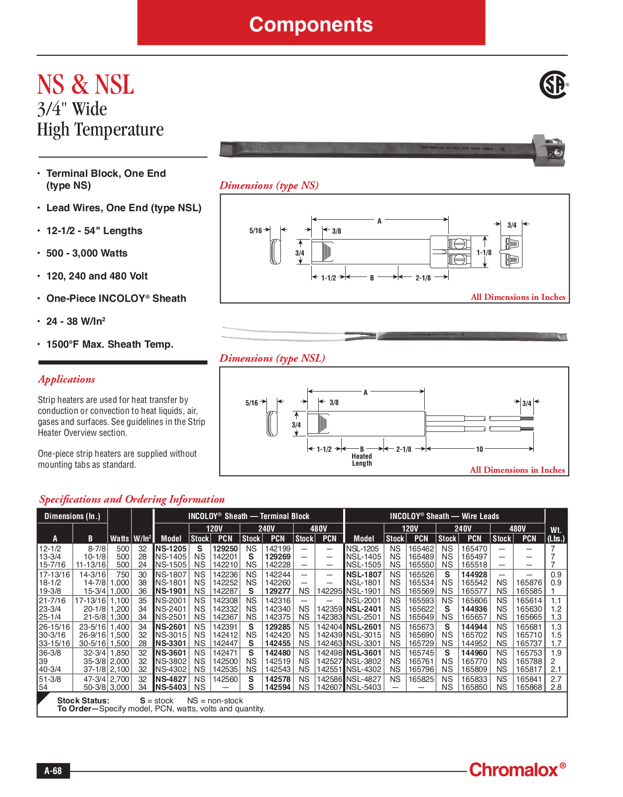 Chromalox NS, NSL Catalog Page