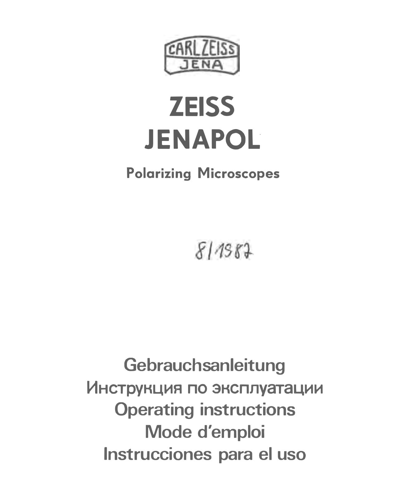 Carl Zeiss Jena ZEISS, JENAPOL Operating Instructions Manual