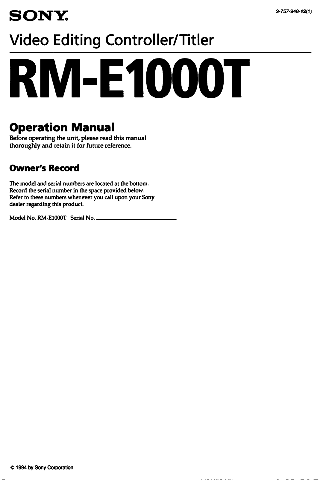 Sony RM-E1000T Operating Manual