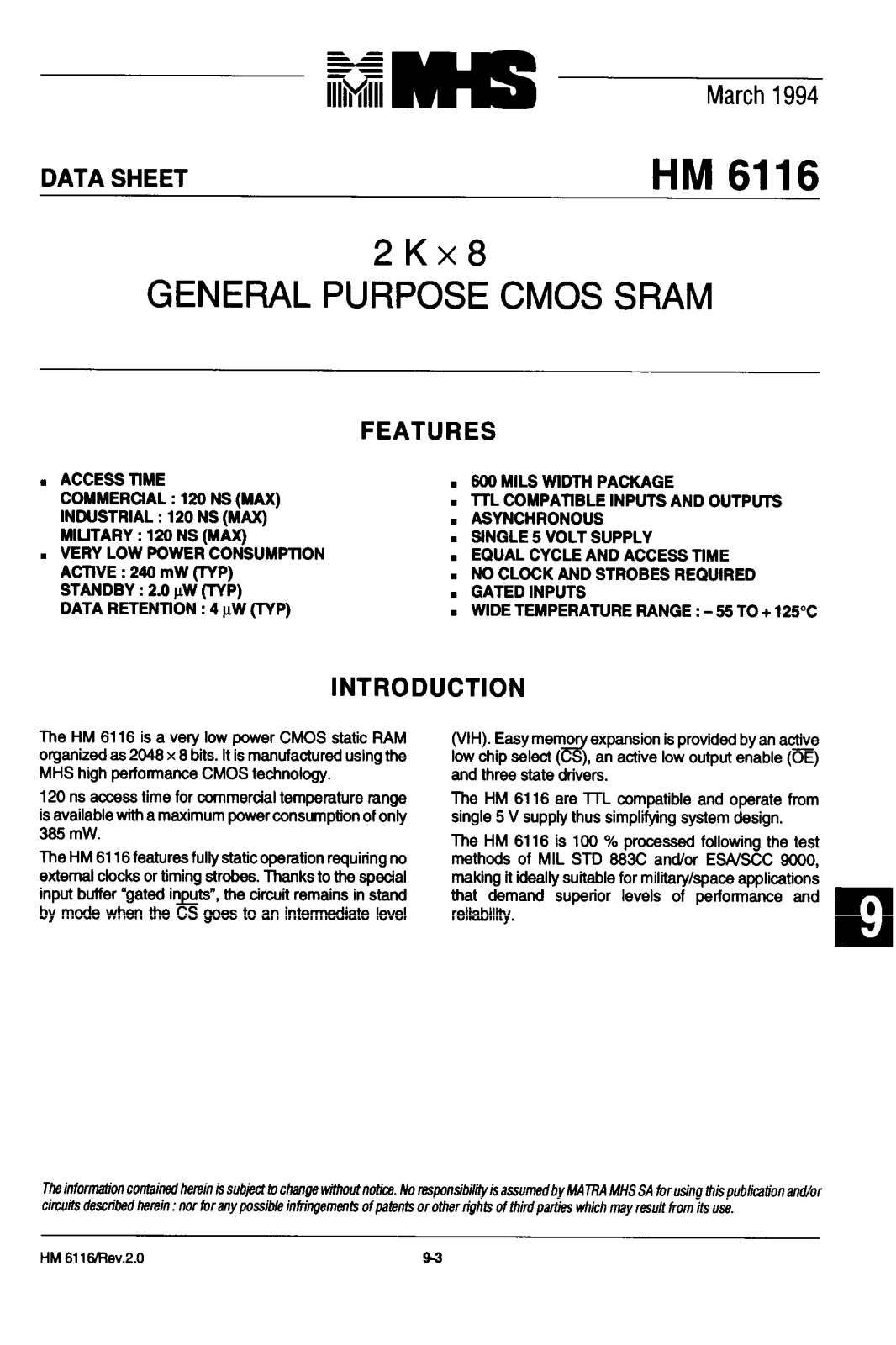 MHS HM0-6116-2, HM0-6116-5, HM0-6116-6, HM0-6116-9, HM0-6116B-5 Datasheet