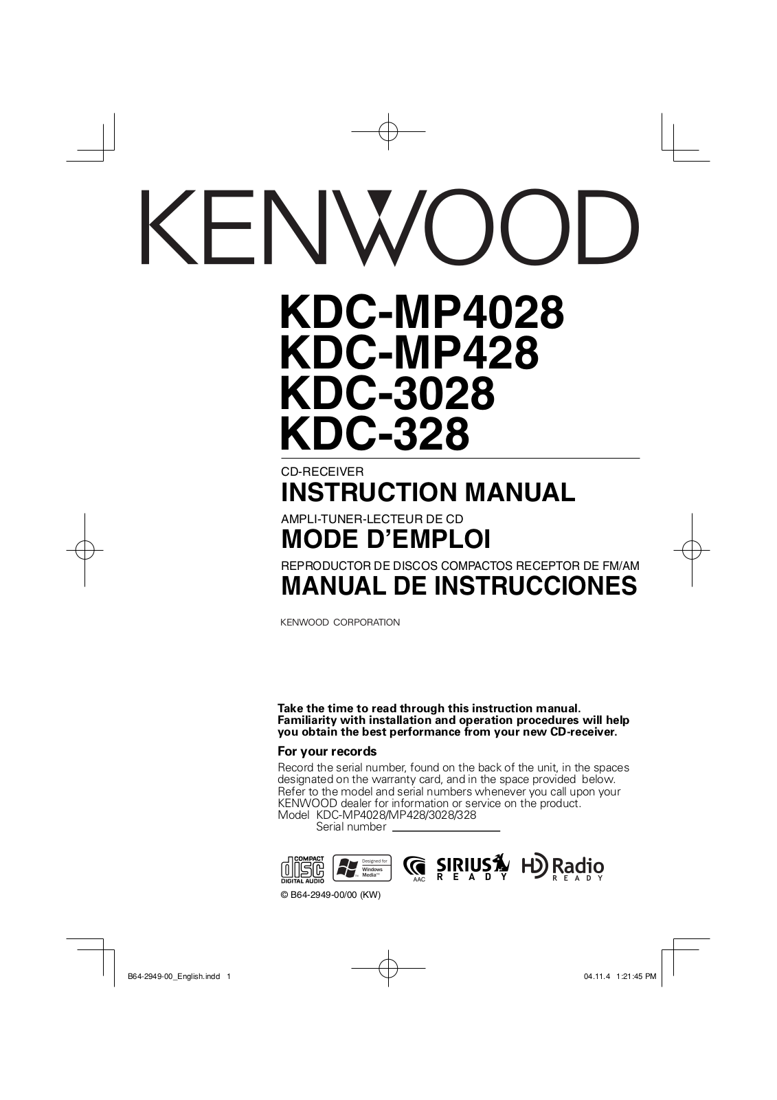 Kenwood KDC-MP4028, KDC-MP428, KDC-3028 User Manual