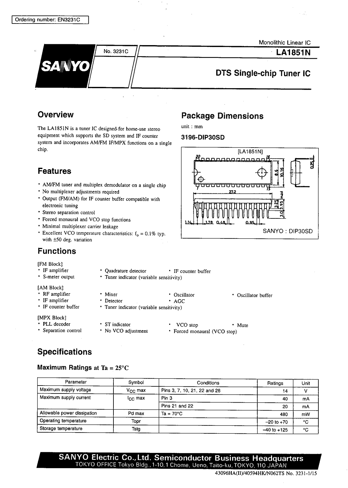 SANYO LA1851N Datasheet