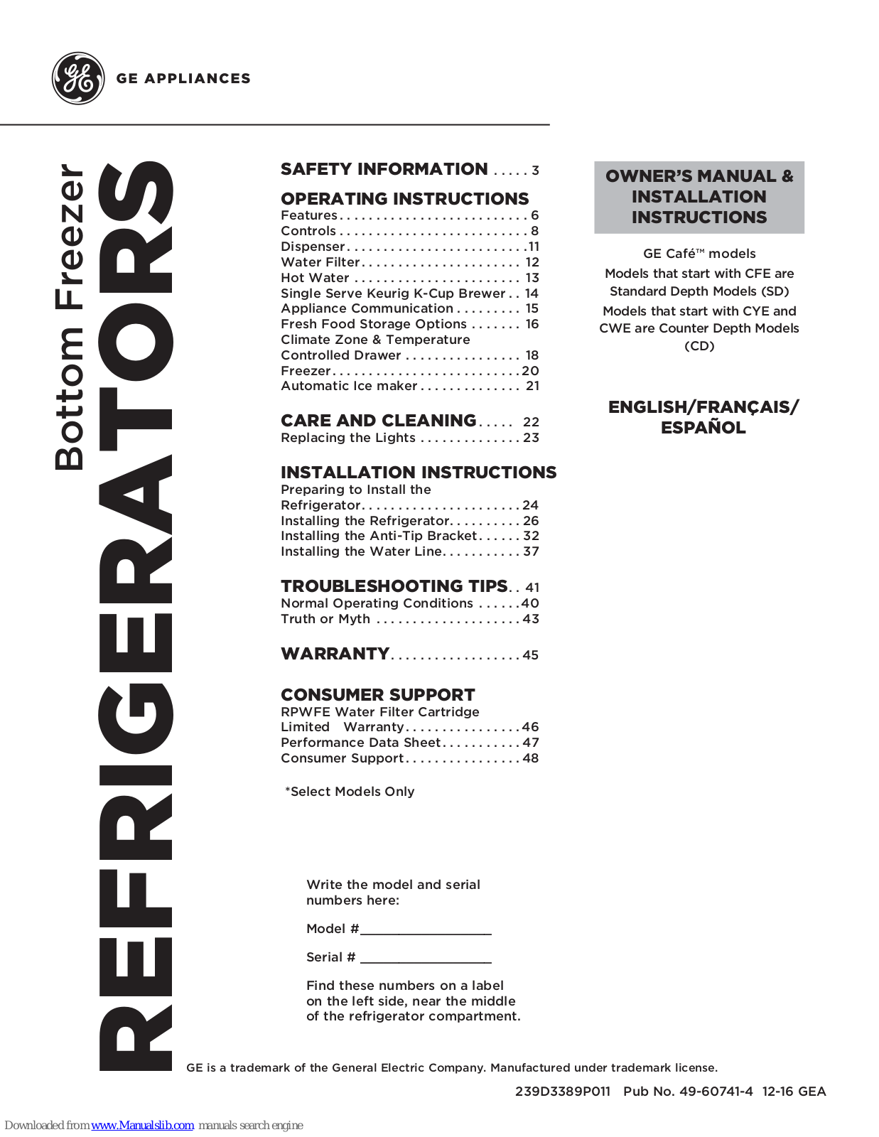 GE Café CFE28USHSS Owner's Manual & Installation Instructions