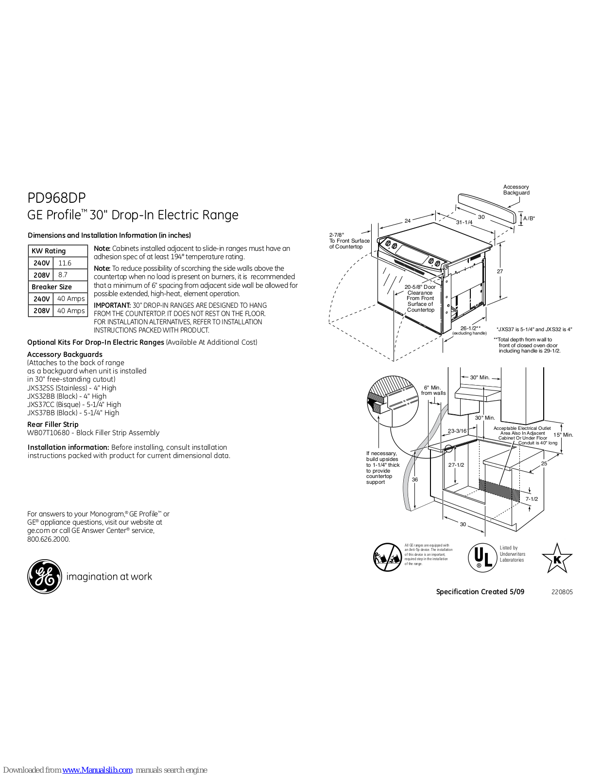 GE Profile D968DP, Profile PD968DP, Profile PD968DPBB Dimensions And Installation Information