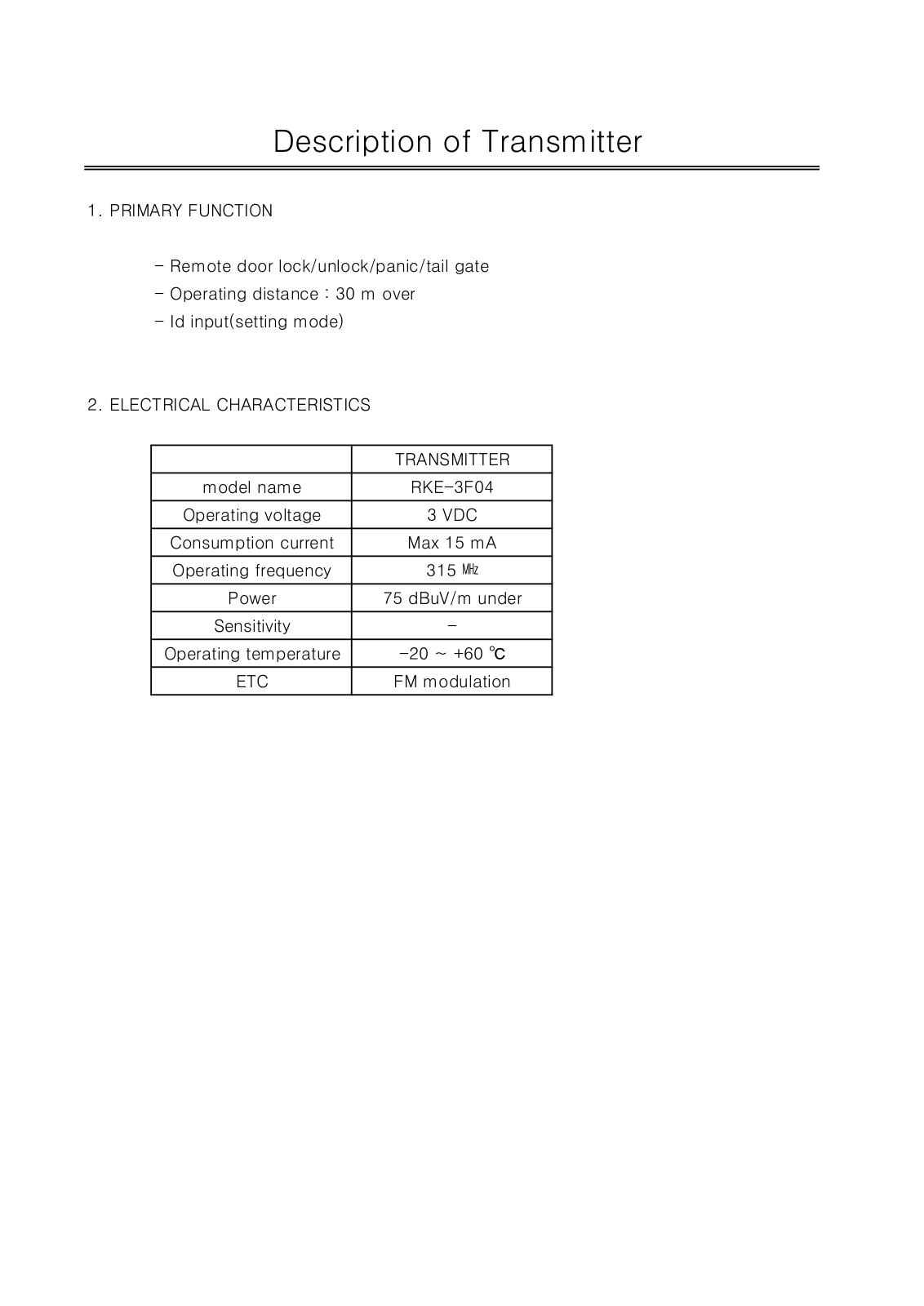 Hyundai RKE 3F04 Users Manual