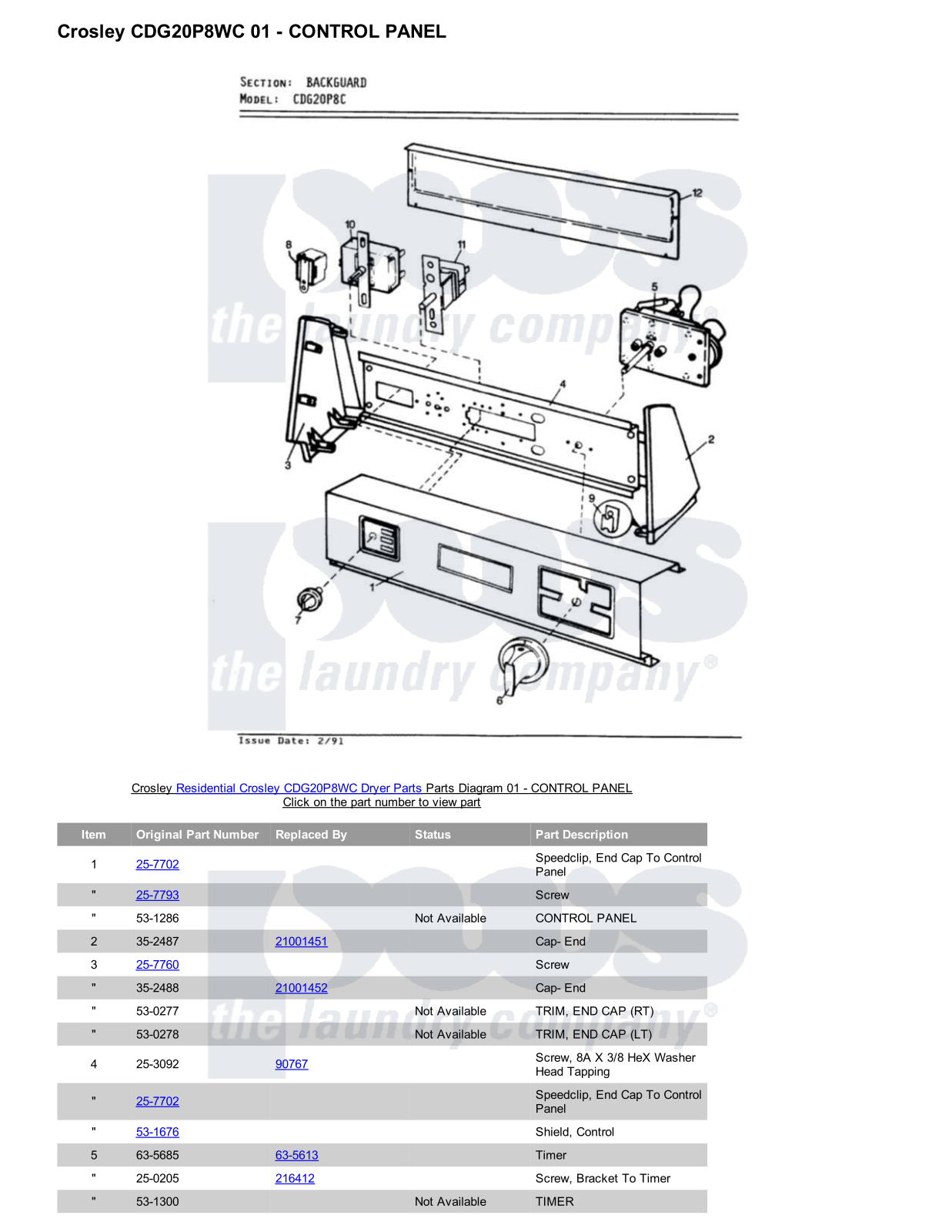 Crosley CDG20P8WC Parts Diagram