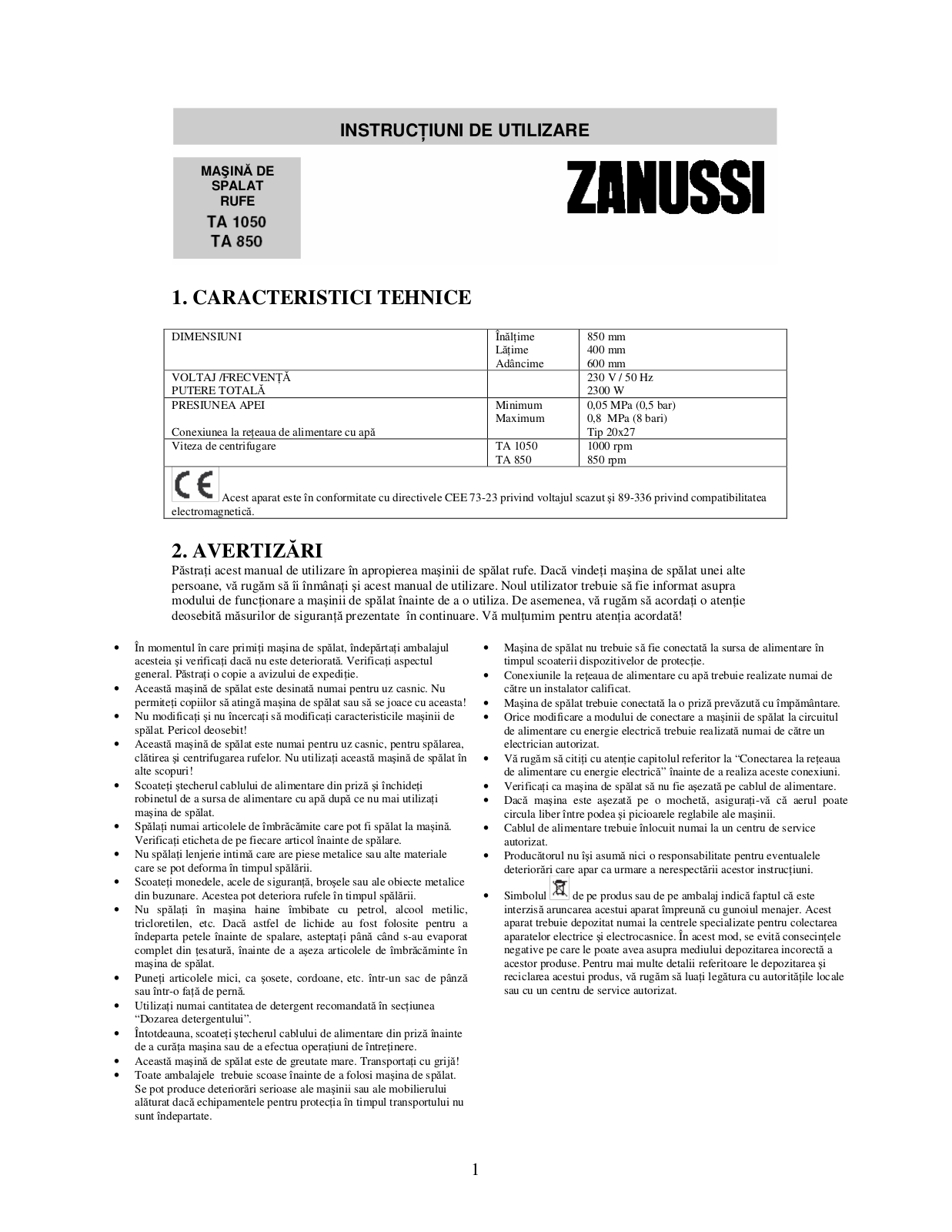 Zanussi TA850, TA1050 User Manual