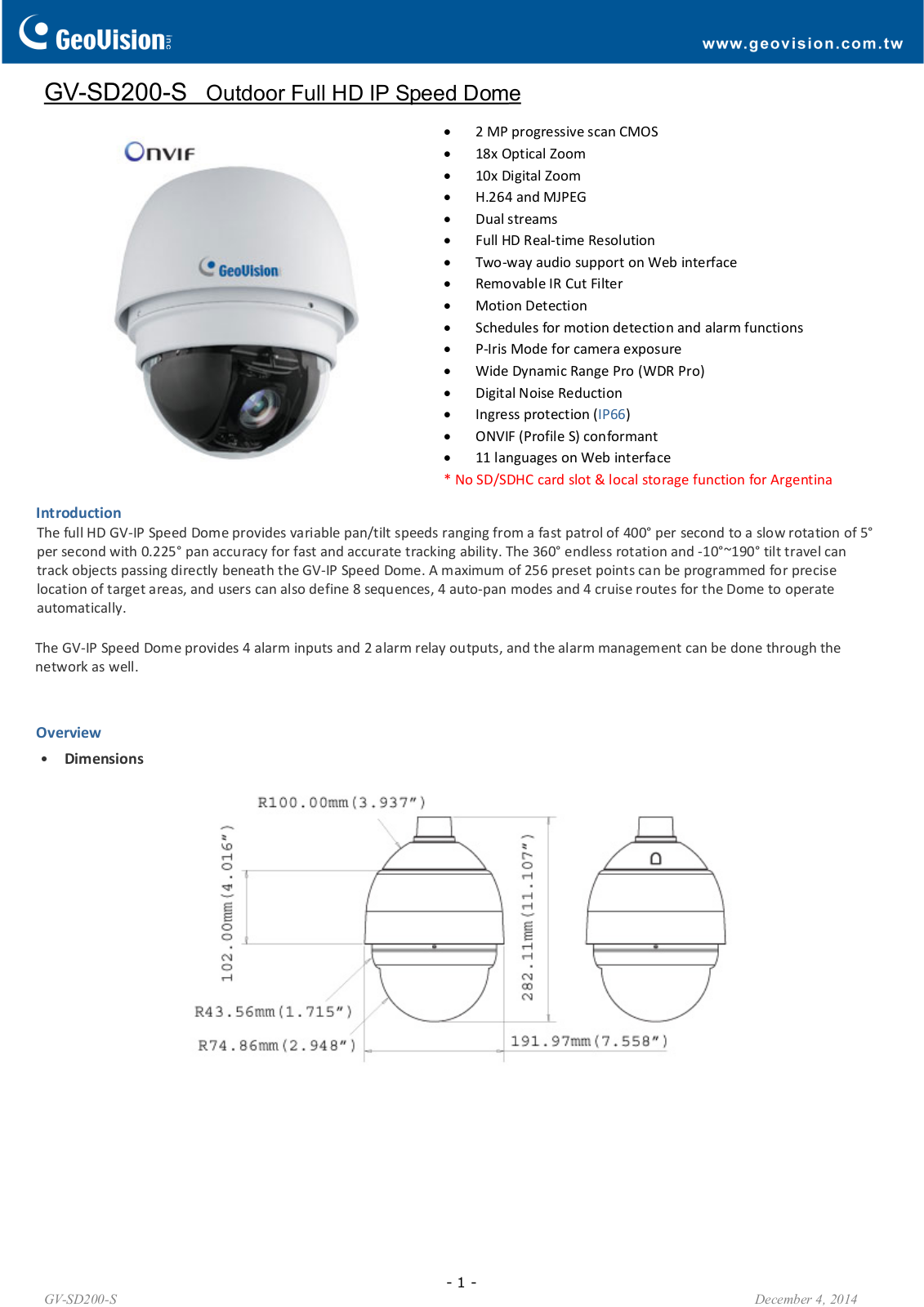 Geovision GV-SD200-S Specsheet