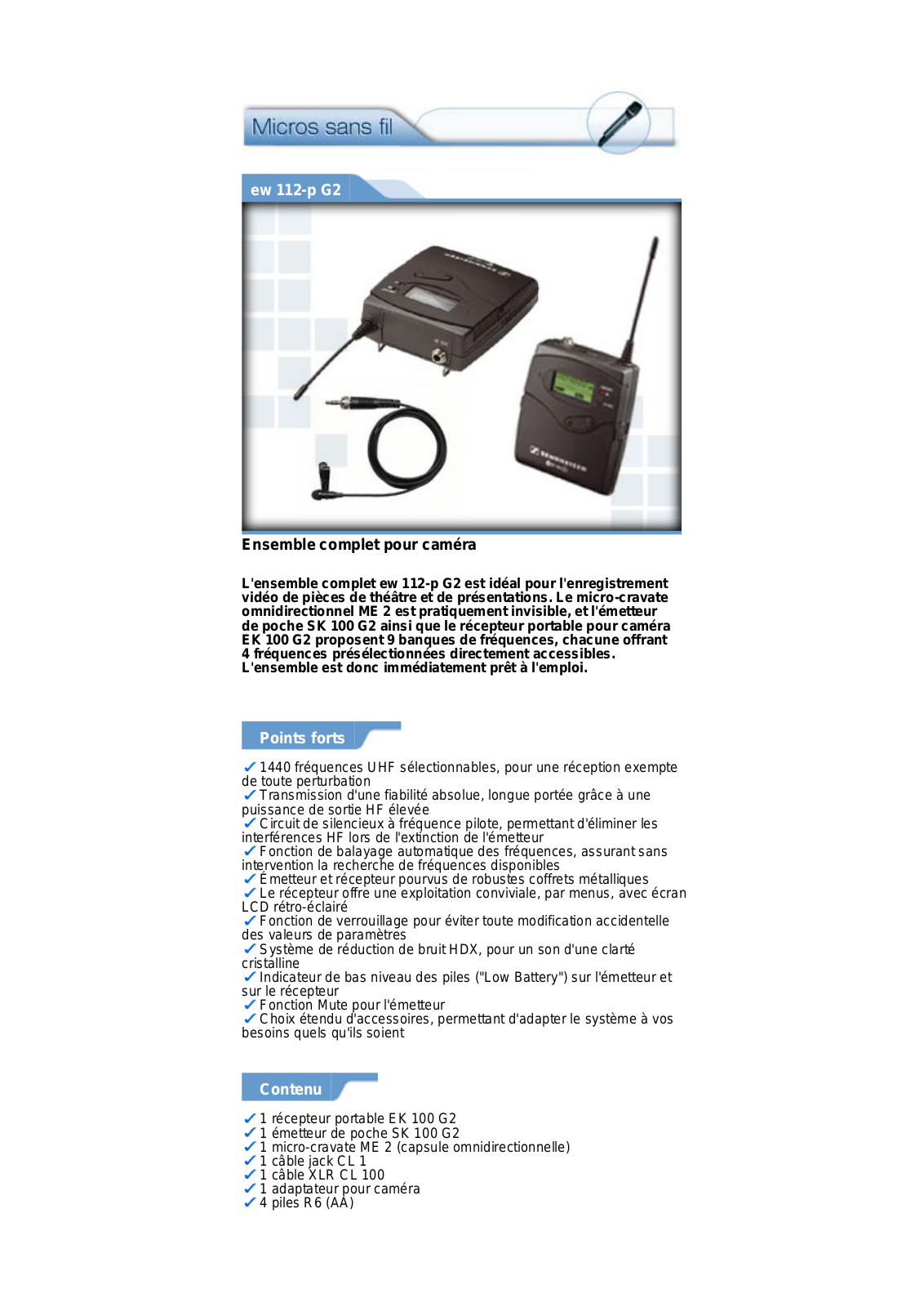 Sennheiser EW 112-P G2 PRODUCT SHEET