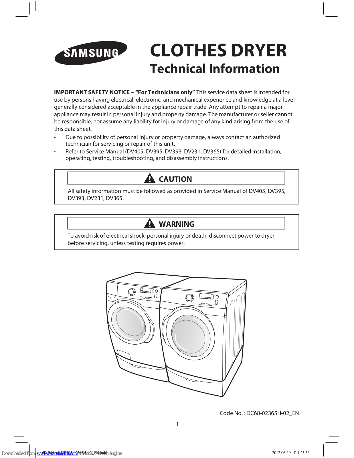 Samsung DV395ETPARA/A1, DV393GTPARA/A1, DV395ETPASU/A1, DV395ETPAWR/A1, DV395GTPARA/A1 Technical Information