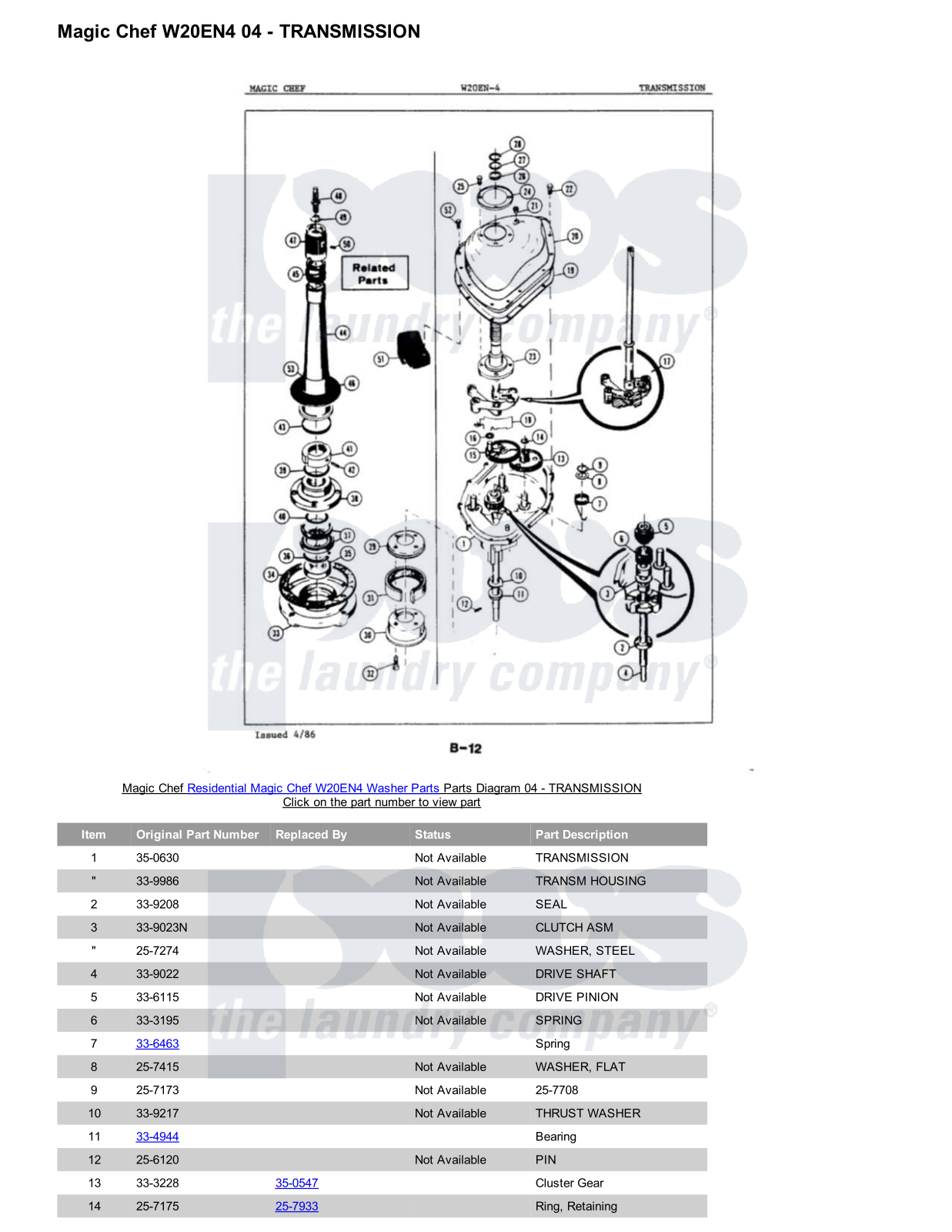 Magic Chef W20EN4 Parts Diagram