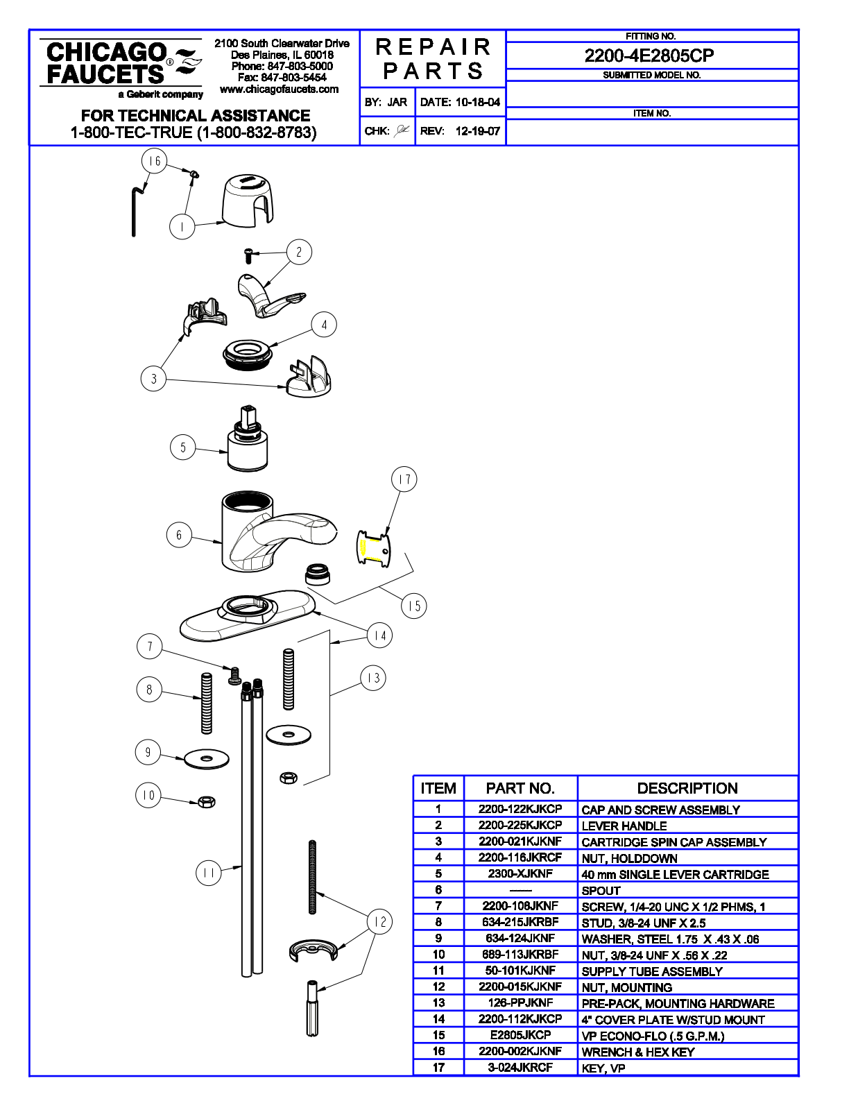 Chicago Faucet 2200-4E2805 Parts List