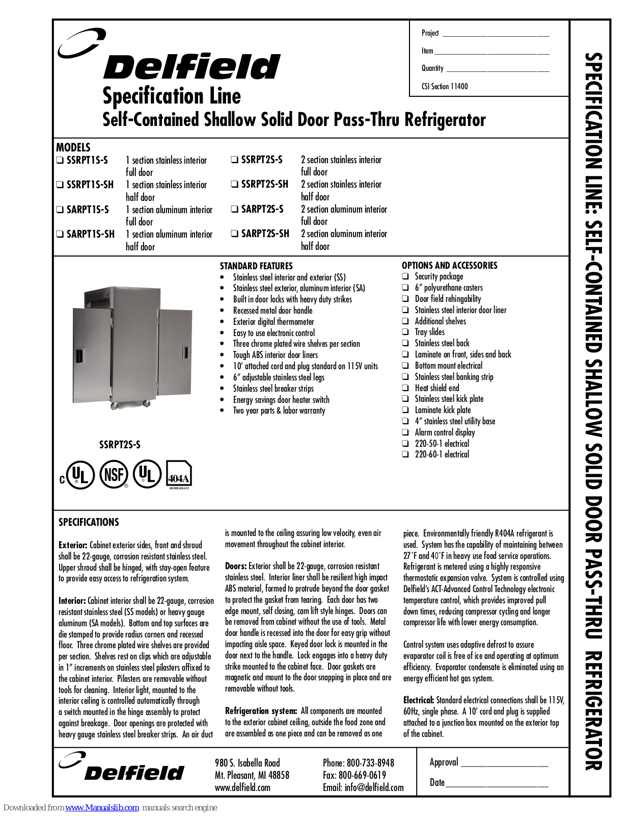 Delfield SARPT1-S, SARPT1-SH, SARPT2-S, SARPT2-SH, SSRPT1S-S Specifications