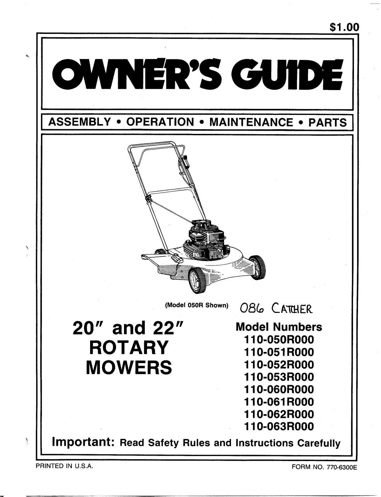 Mtd 110-050r000, 110-051r000, 110-052r000, 110-053r000, 110-060r000 owners Manual