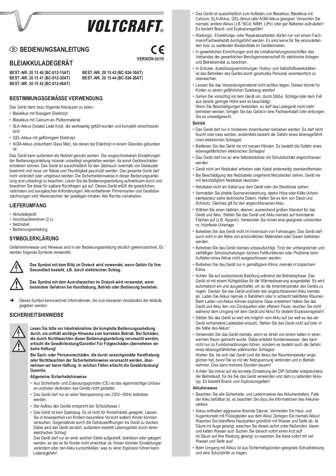 VOLTCRAFT BC-012-15AT, BC-012-30AT, BC-012-40AT, BC-024-10AT, BC-024-20AT User guide