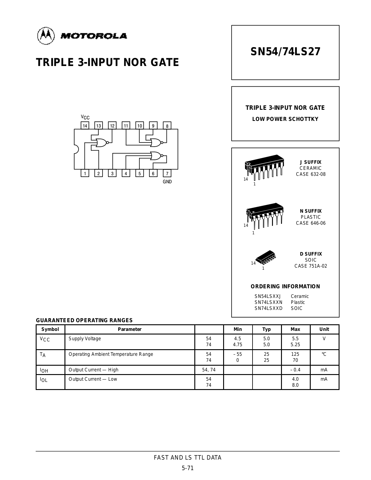 Motorola SN54LS27J, SN74LS27D, SN74LS27N Datasheet