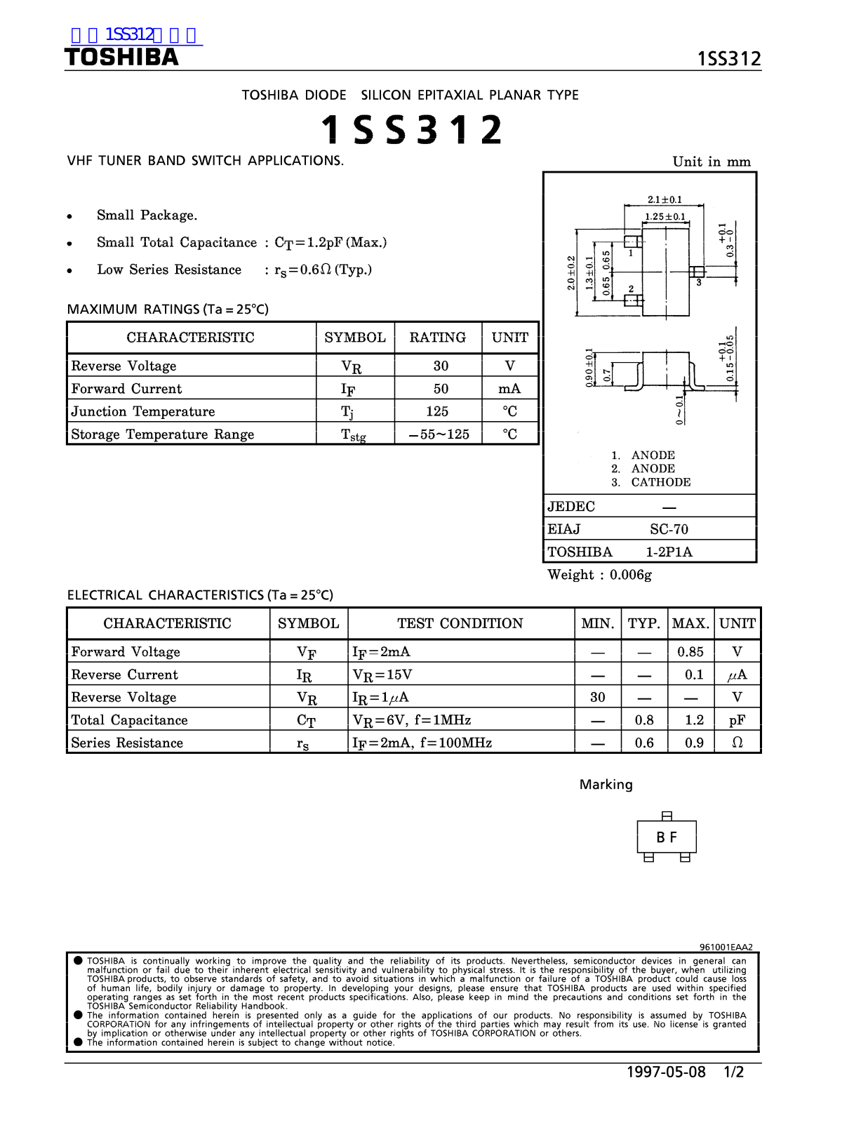 TOSHIBA 1SS312 Technical data