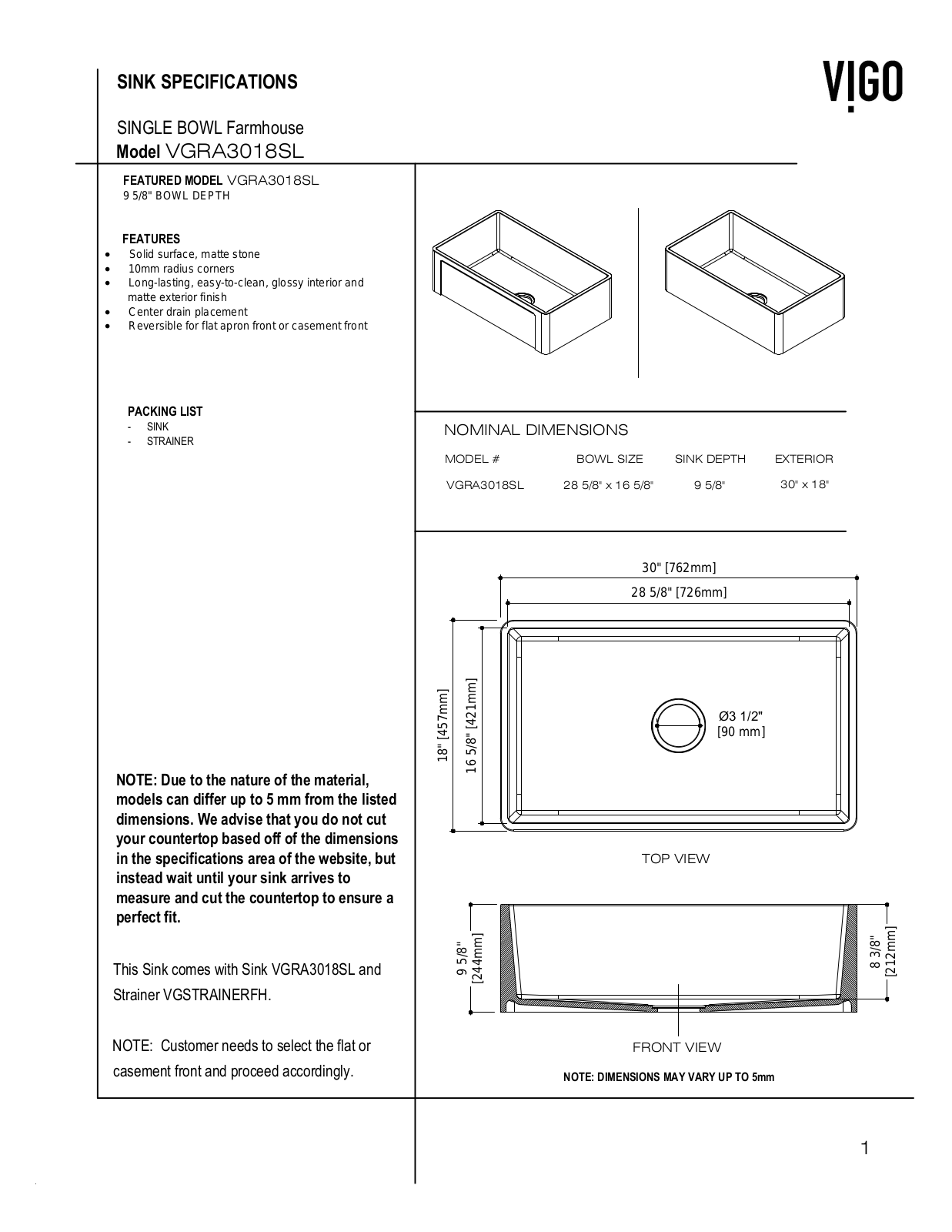 Vigo VG15484, VG15482, VGRA3018SL, VG15480, VG15486 Specifications