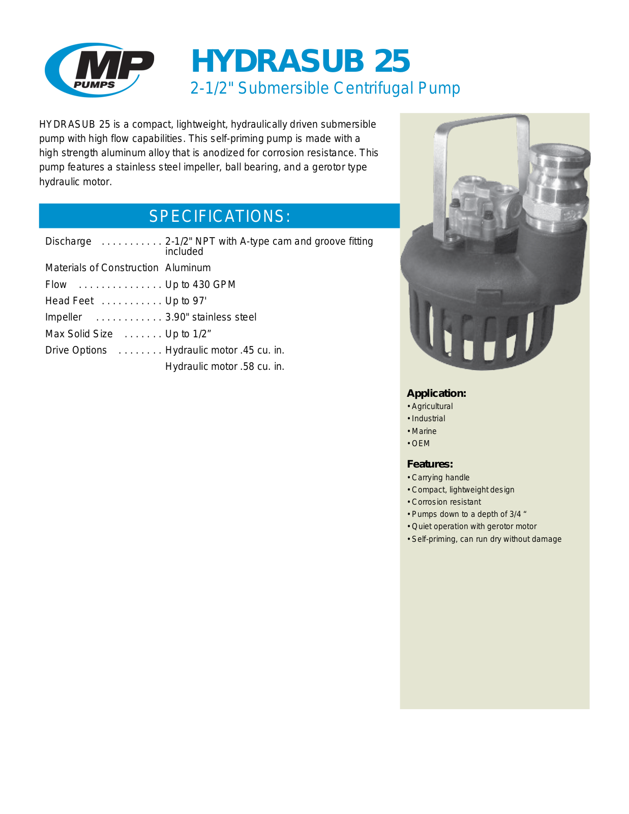 MP Pumps HYDRASUB 25 User Manual